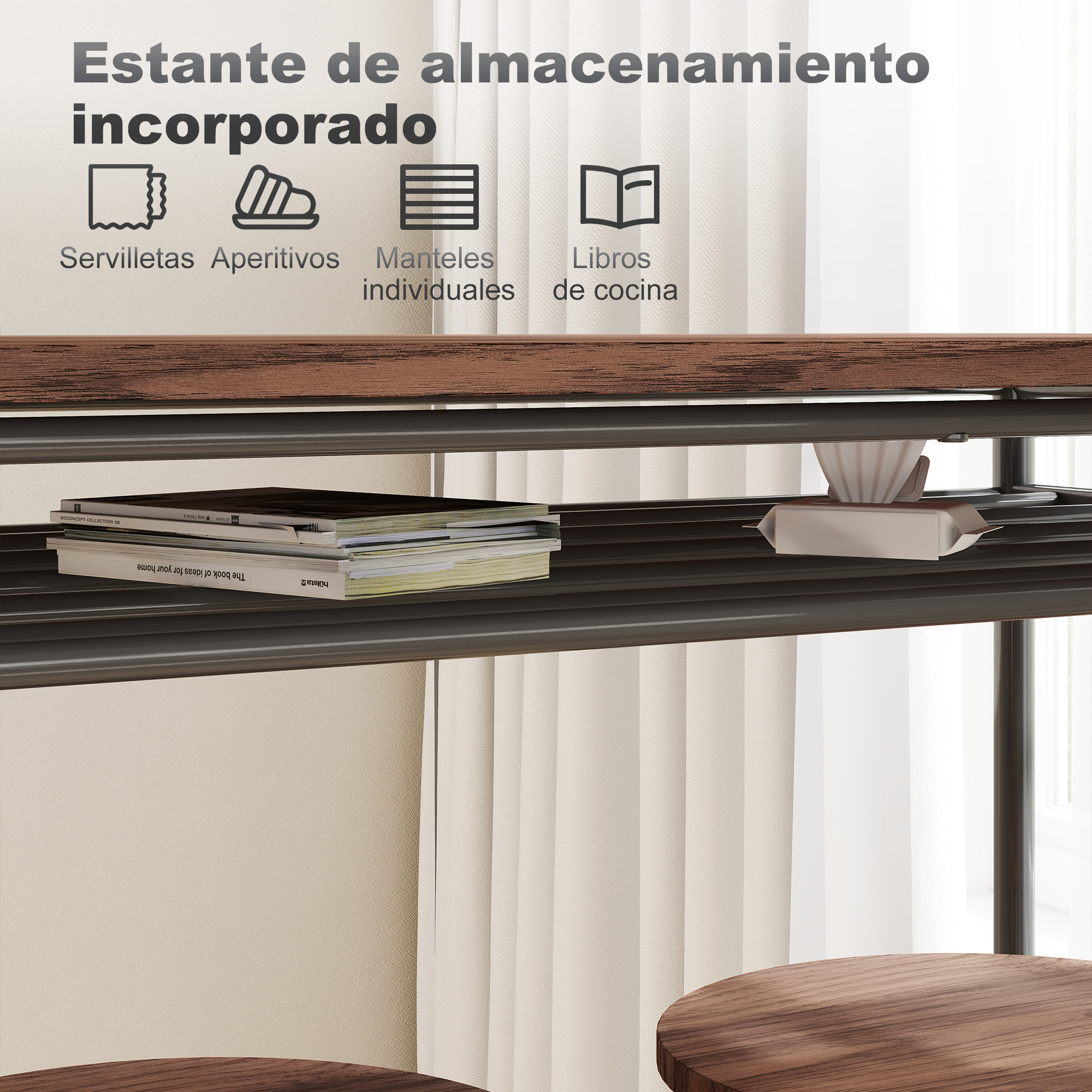 Un estante con libros, servilletas, ideas de aperitivos y manteles.