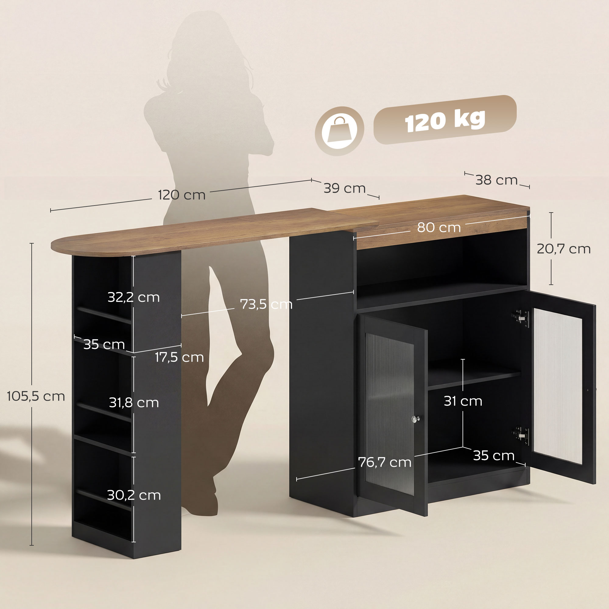 Un mueble negro con tapa de madera, mostrando dimensiones y capacidad de peso (120 kg).