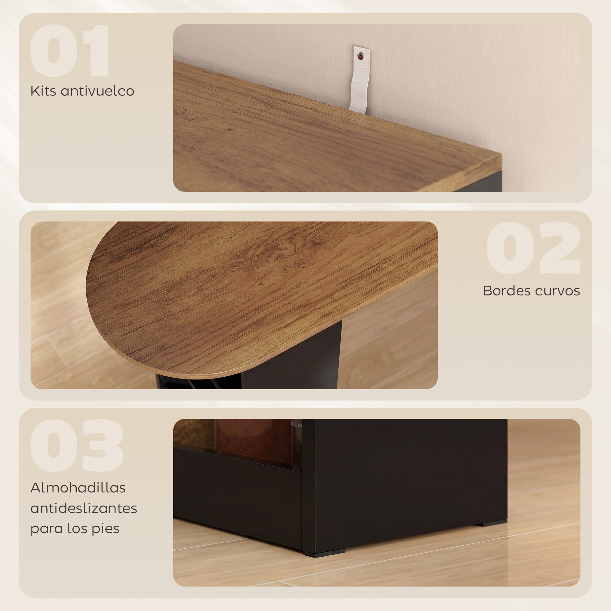Estante de madera con base negra, montaje en pared, bordes curvos y pies antideslizantes.