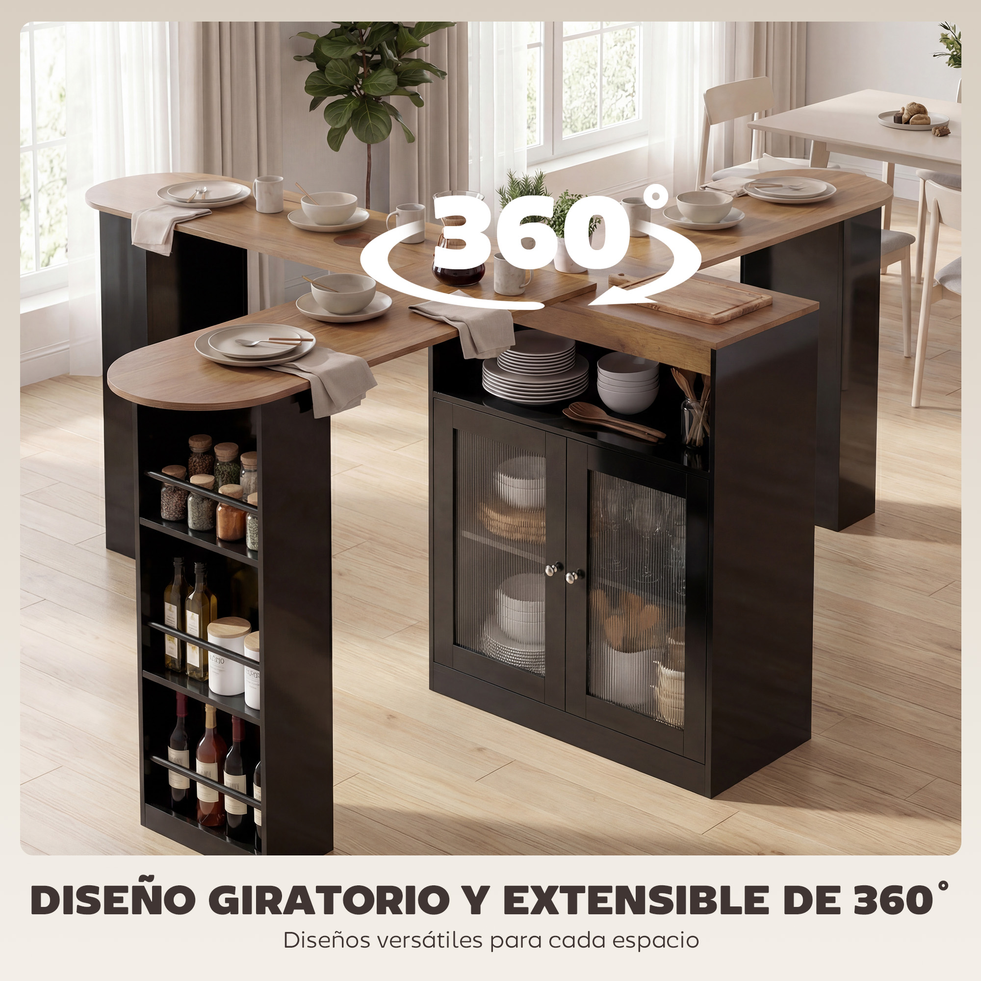 Una mesa de comedor giratoria y extensible de 360 grados con armarios negros.