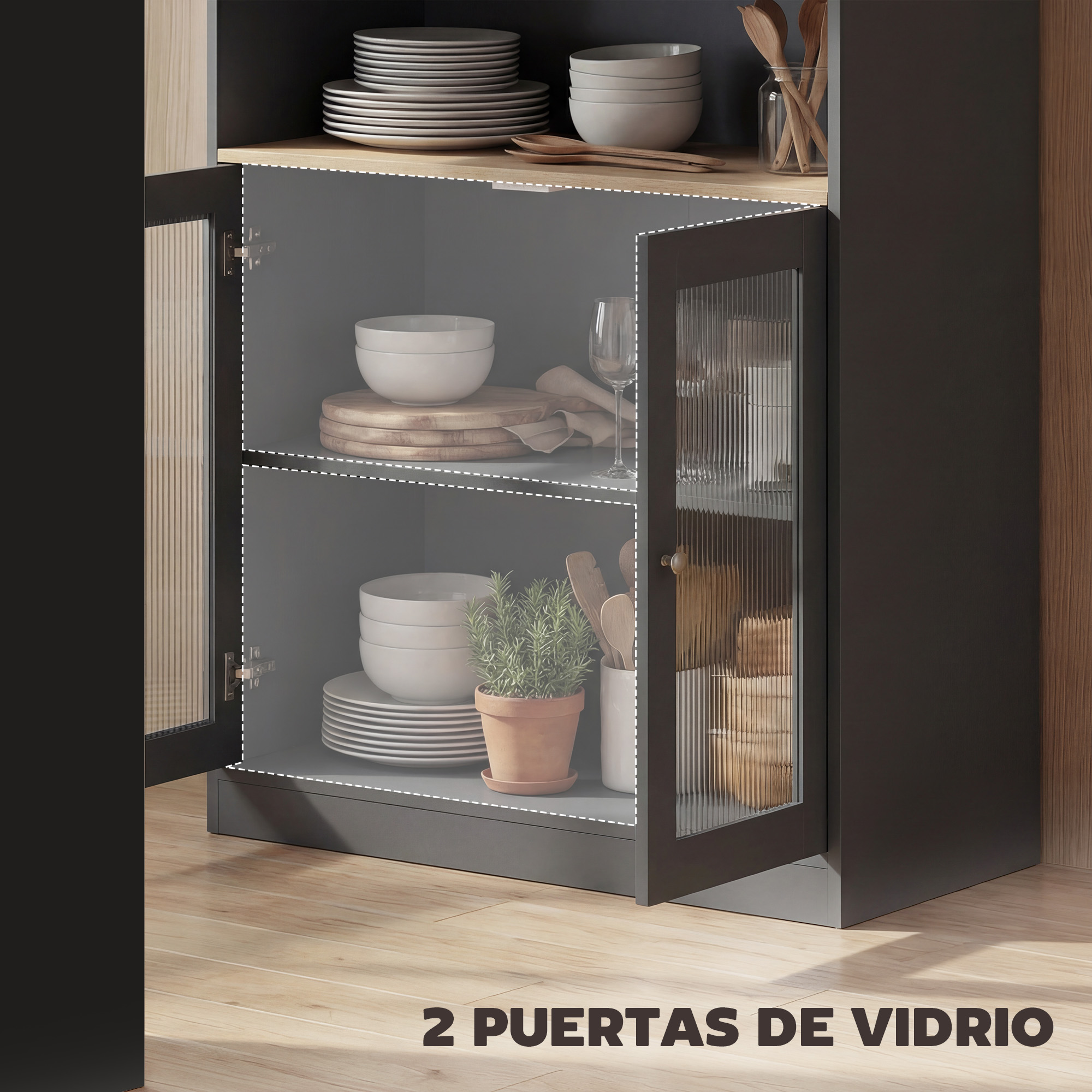 Un armario de cocina oscuro con puertas de cristal, lleno de platos, cuencos y plantas.