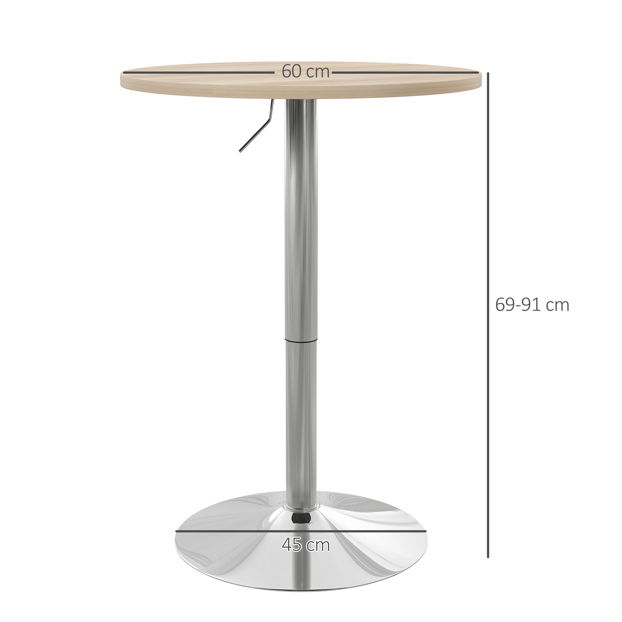 Mesa redonda de madera con base plateada, 60cm de ancho, altura regulable 69-91cm.