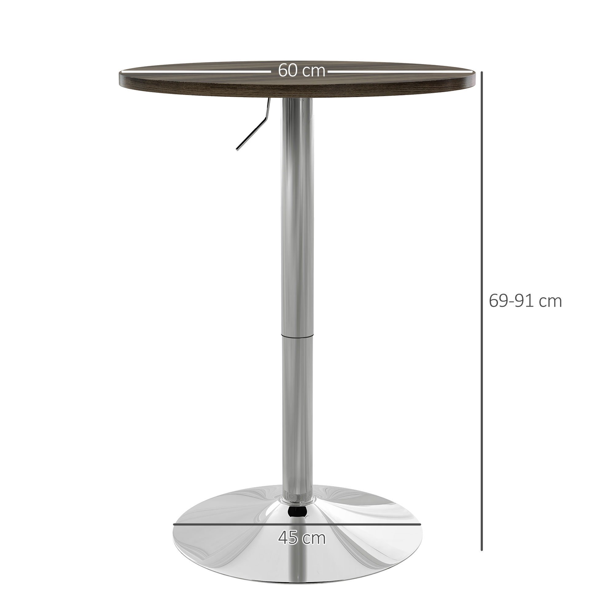 Una mesa redonda de bar con tablero de madera oscura y base cromada. Altura regulable.