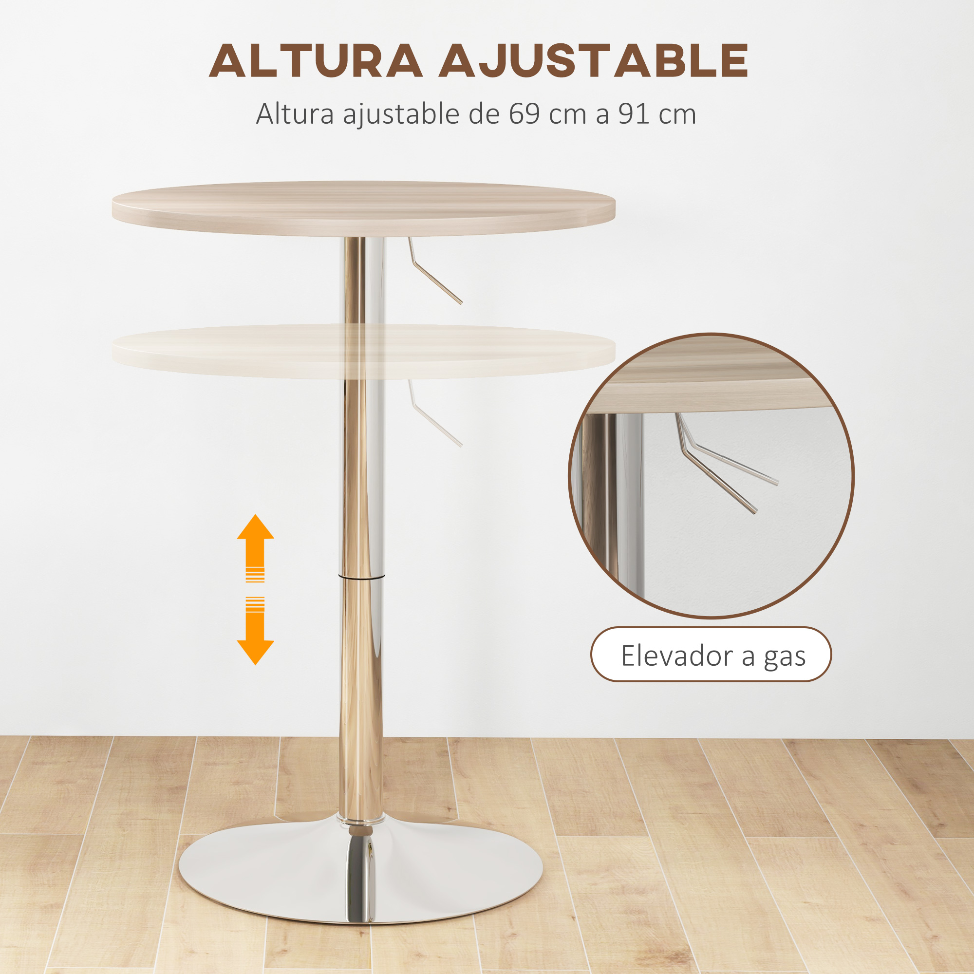 Una mesa redonda de altura regulable con tapa de madera y base cromada.