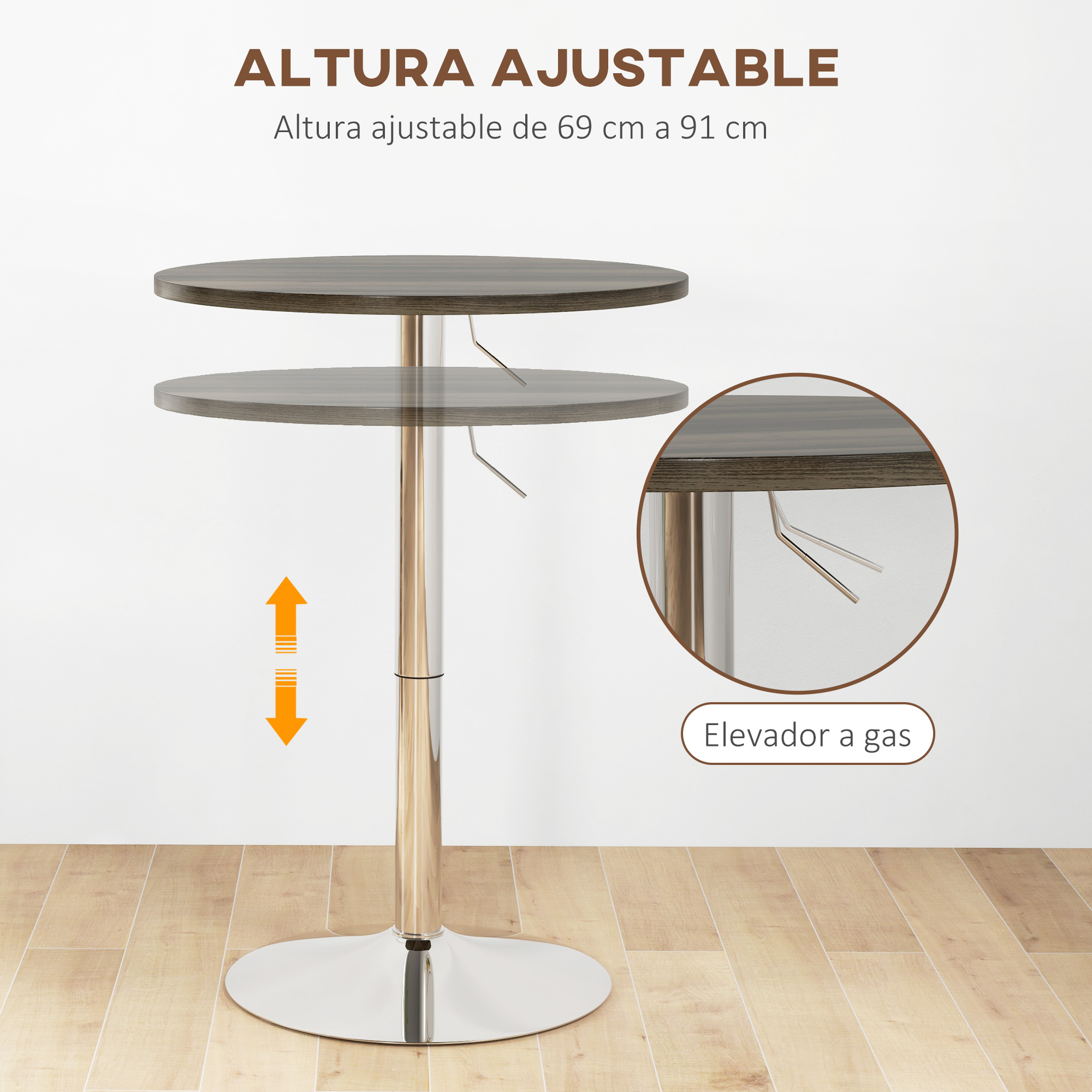 Mesa de altura regulable con tapa de madera y base cromada. Ajustable de 69 a 91 cm.