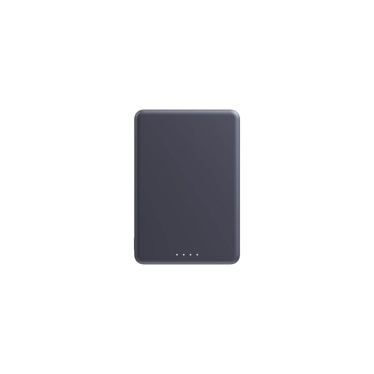 Een donker, rechthoekig powerbank met afgeronde hoeken en vier kleine indicatielampjes aan de onderkant.