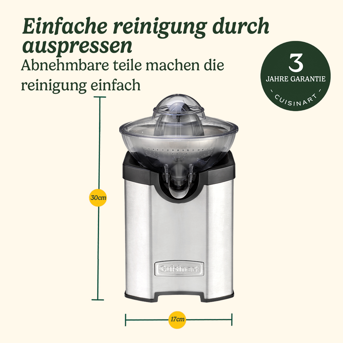 Ein silberner Entsafter mit 30cm Höhe und 17cm Breite. Einfache Reinigung.