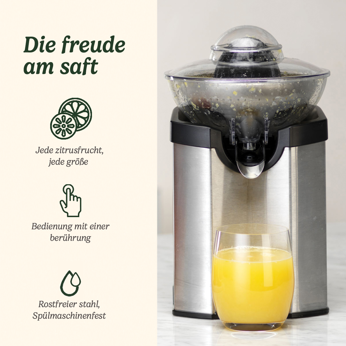 Ein Entsafter aus Edelstahl presst Saft in ein Glas. Links sind Icons und Text.