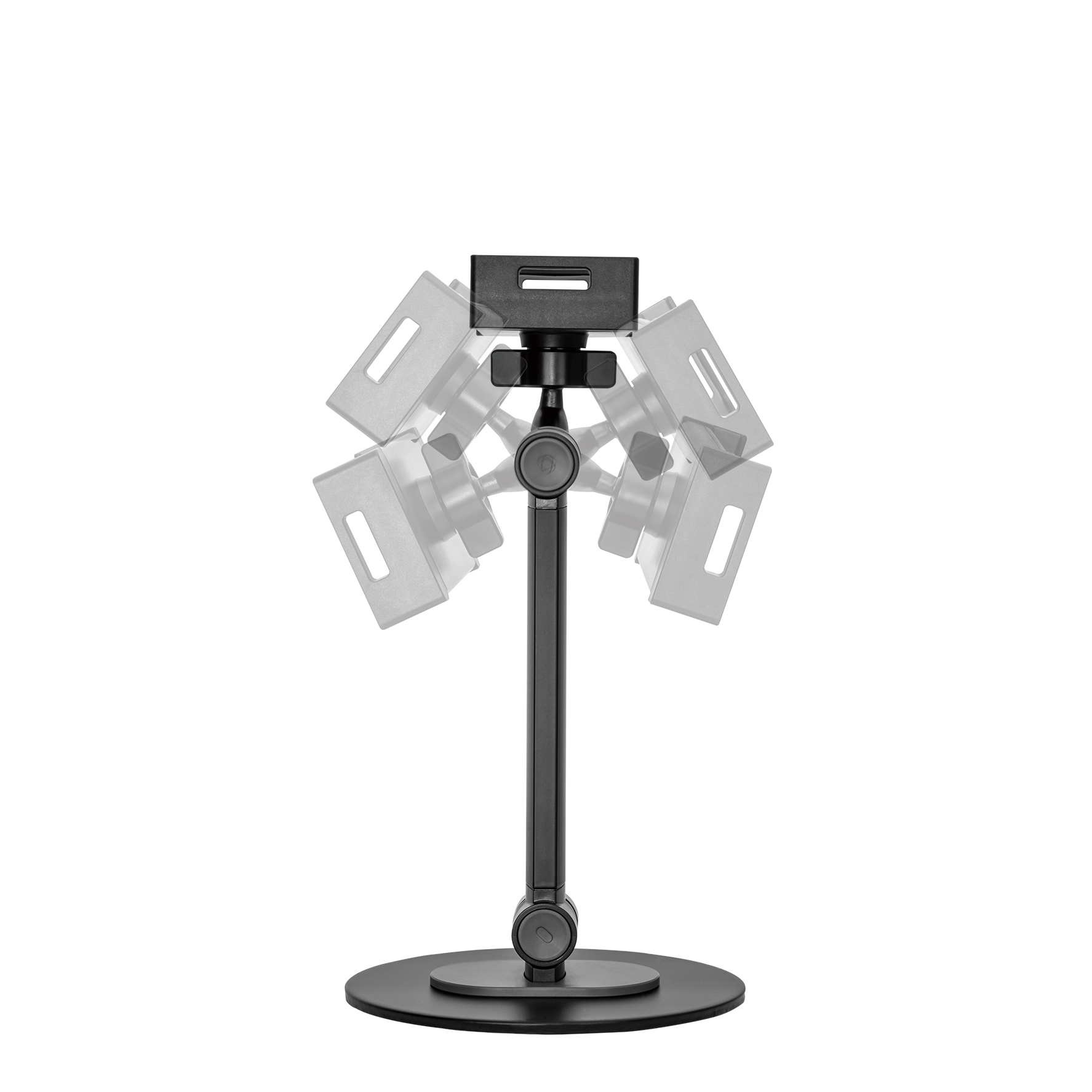 Un support de téléphone noir sur un trépied avec bras rotatifs, isolé sur blanc.