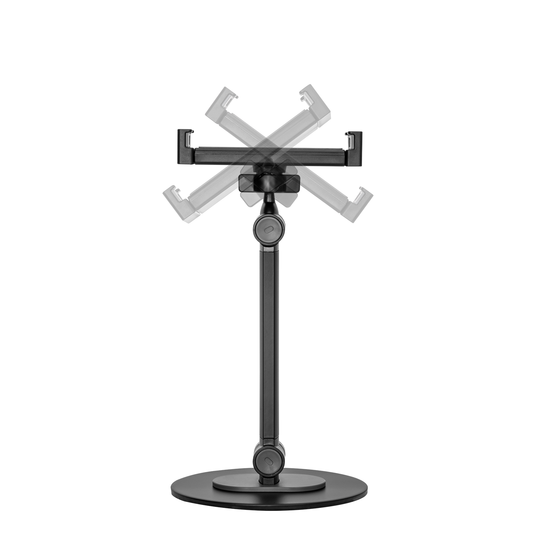 Un support de tablette noir réglable avec une base ronde et un bras mobile.
