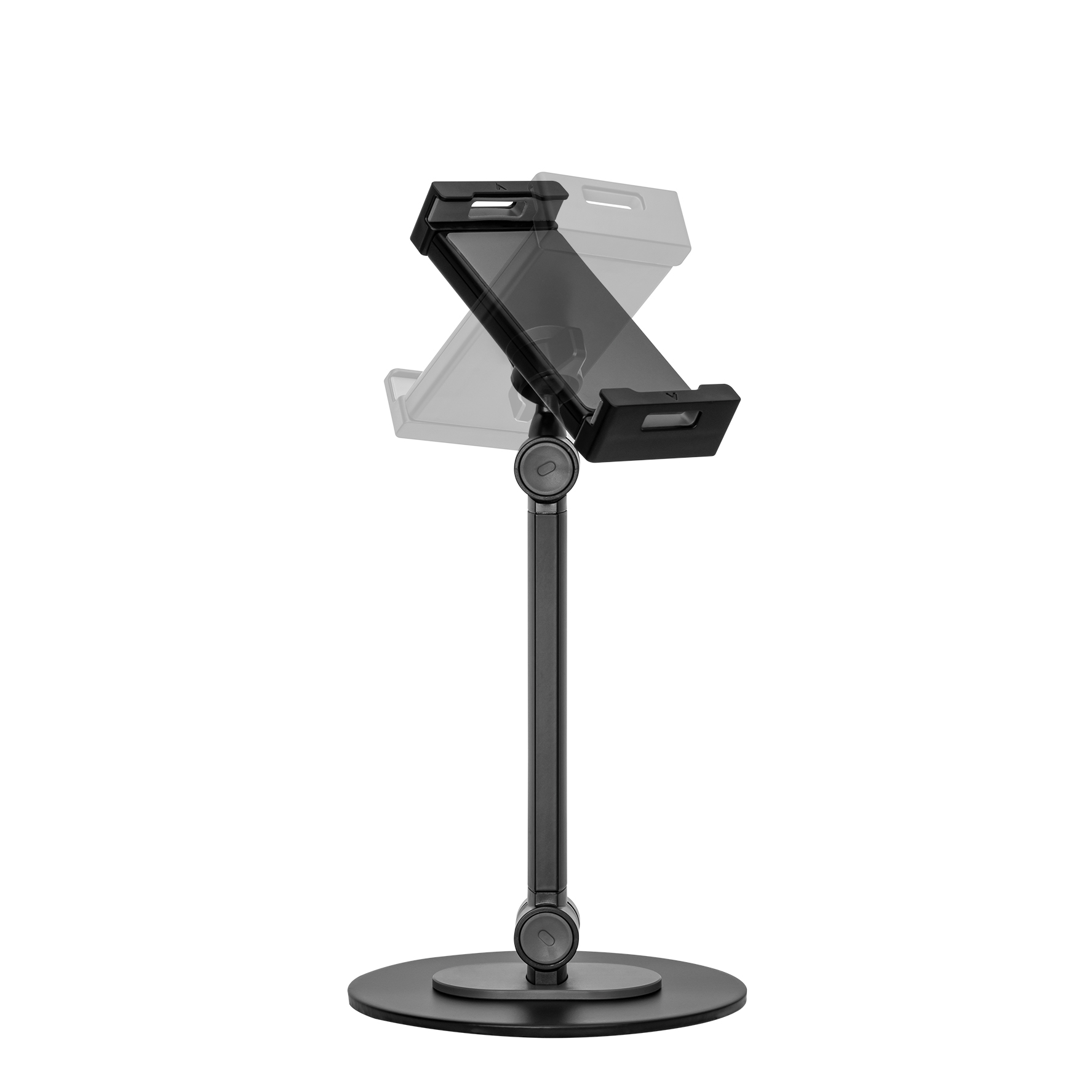 Un support de tablette noir avec bras réglable et base ronde.
