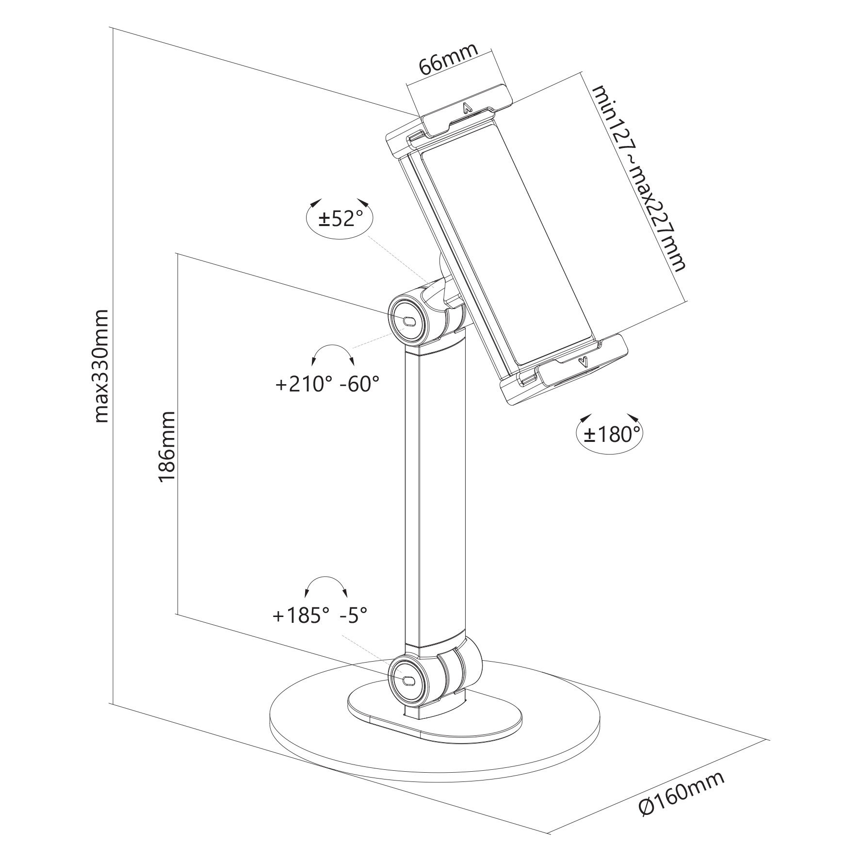 Dessin technique d'un support de tablette réglable avec dimensions et angles.