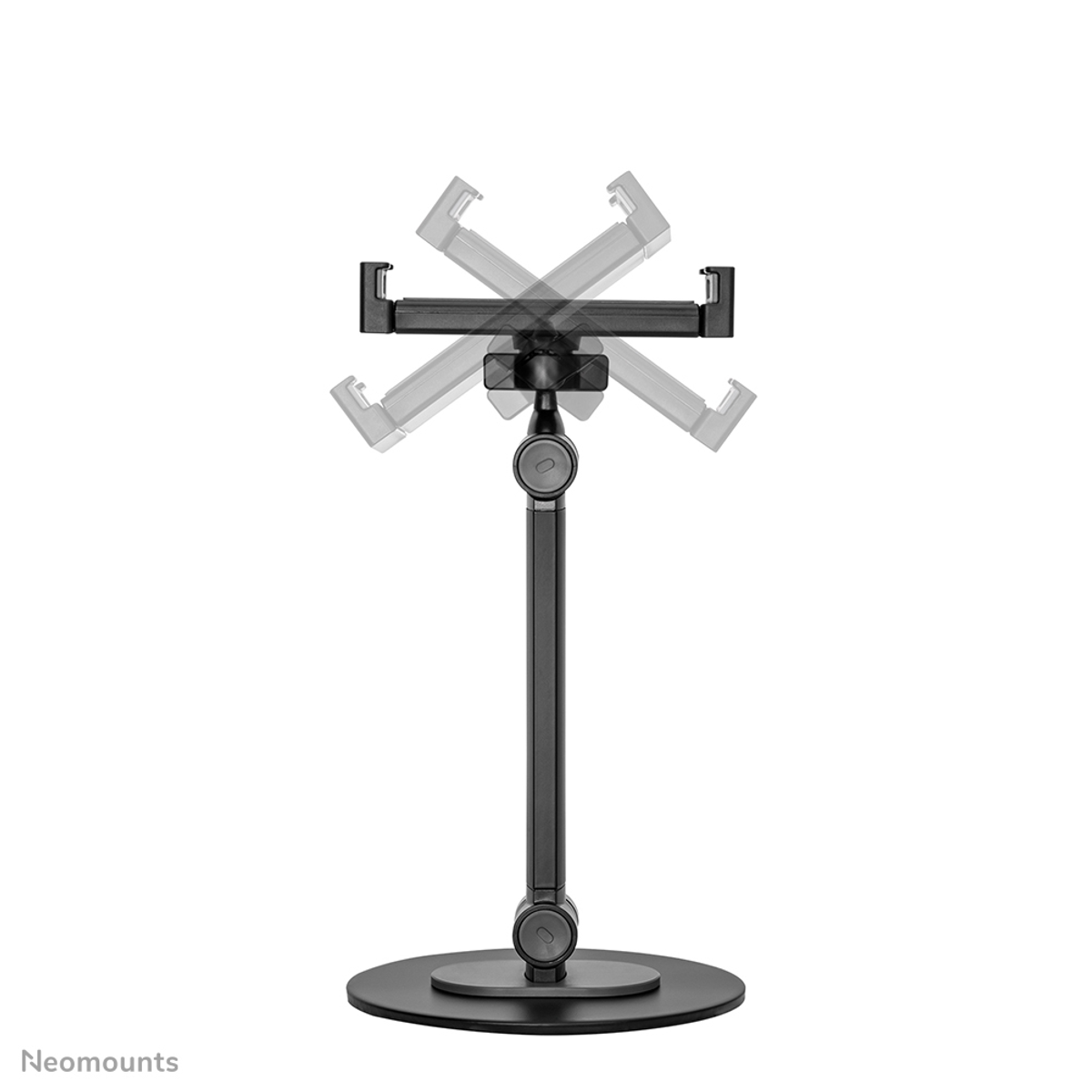 Un support de tablette noir avec bras réglable et base ronde.