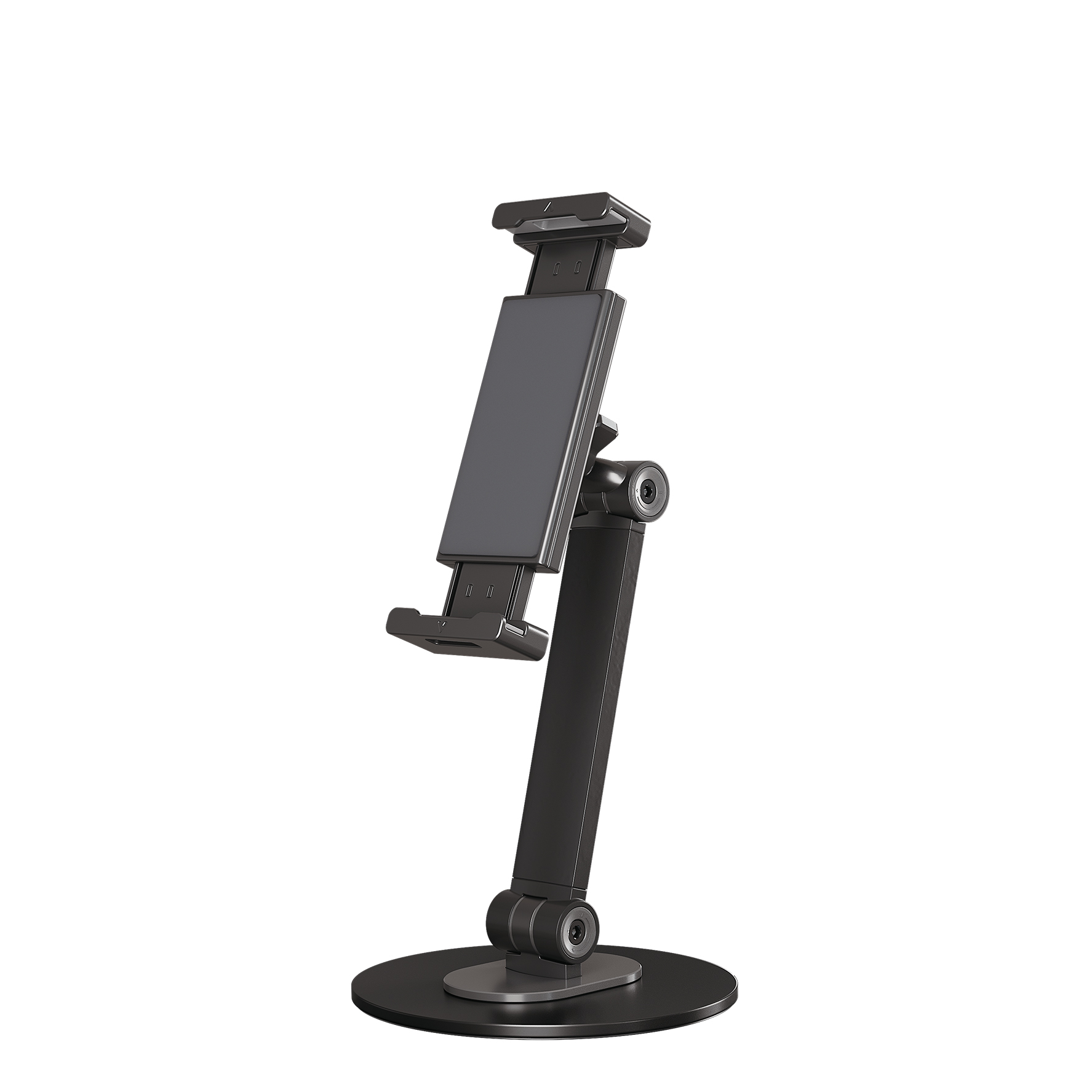 Un support de tablette noir réglable avec une base ronde est montré sur fond blanc.