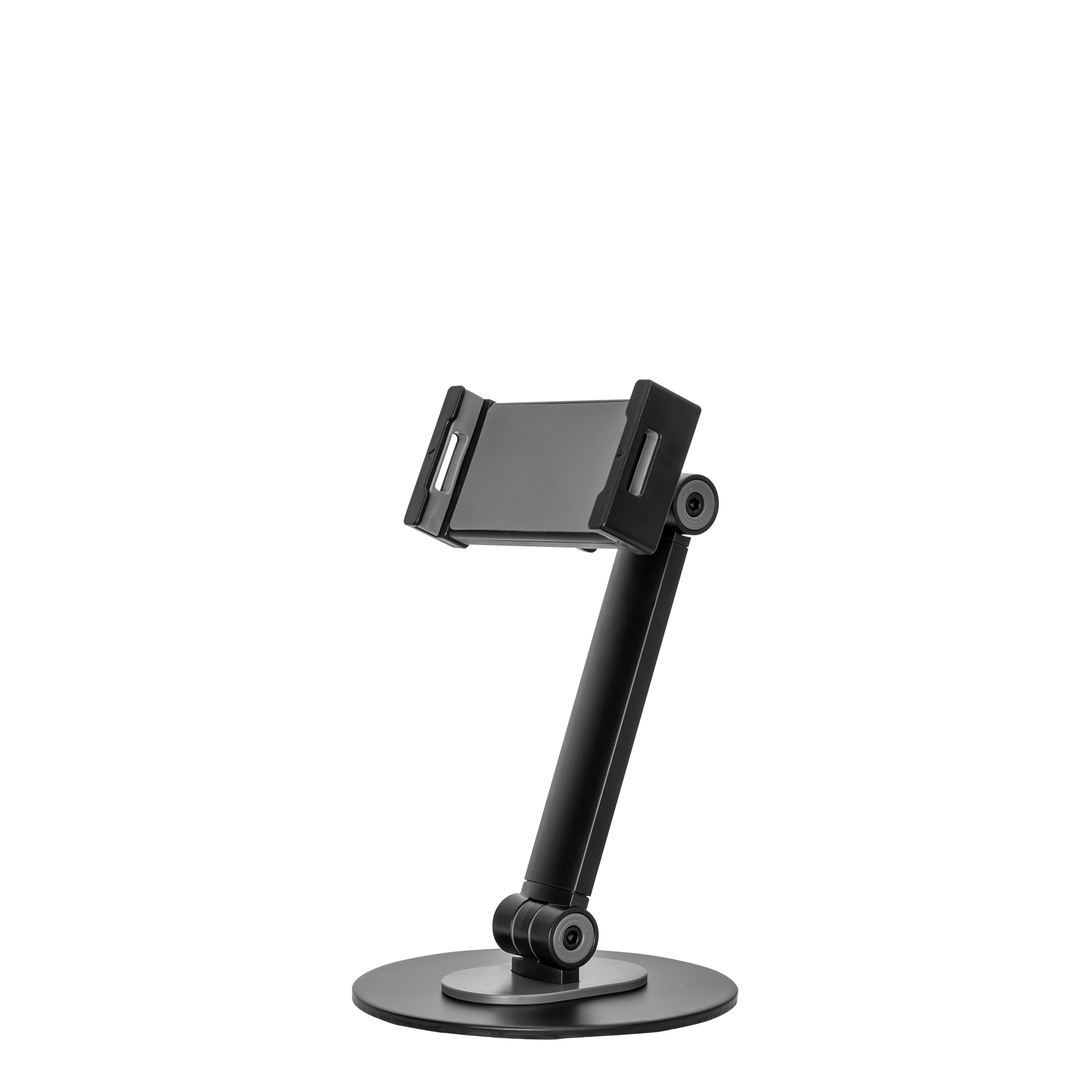 Un support de tablette noir réglable sur une base ronde.