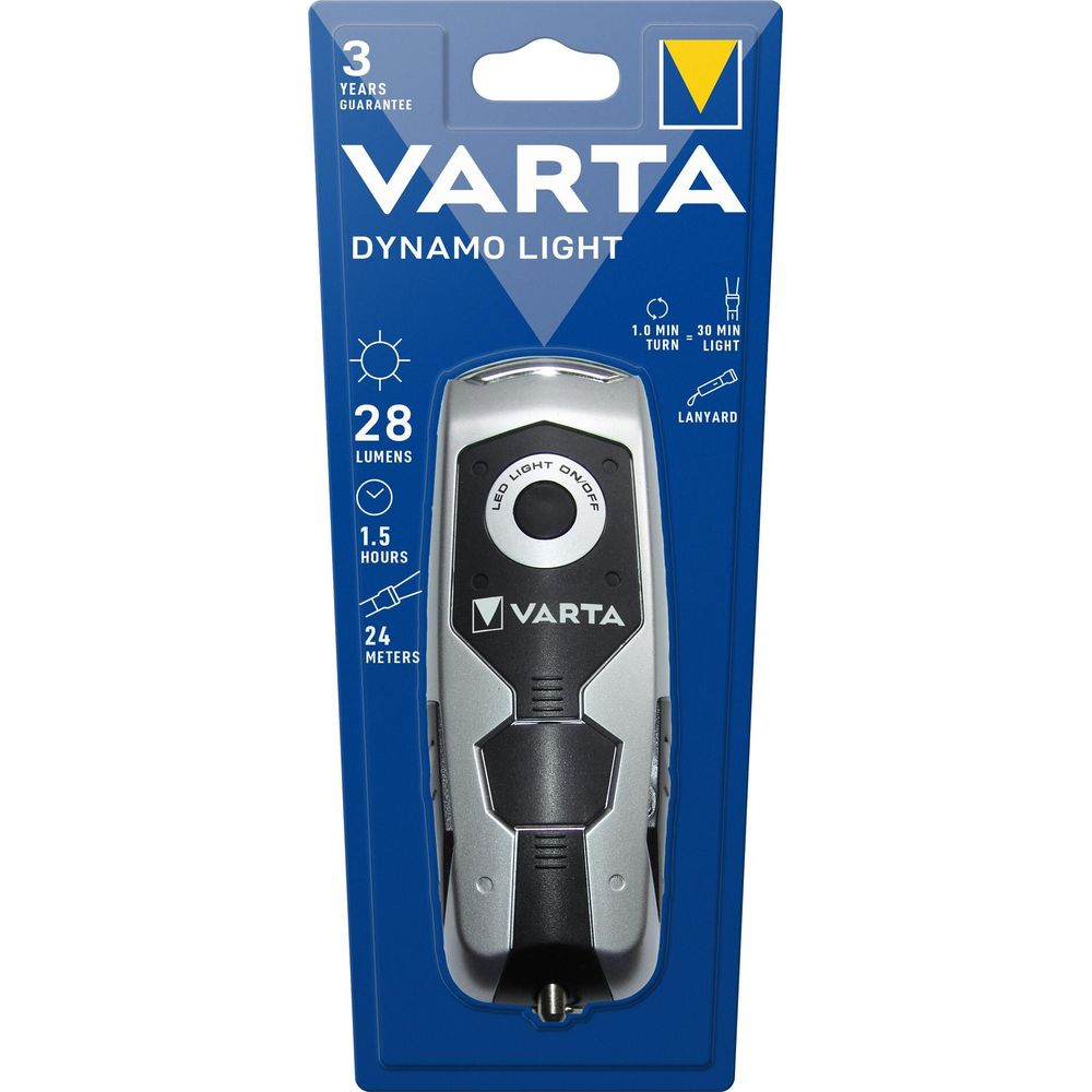 Lampe dynamo Varta, 28 lumens, garantie 3 ans, argent/noir.