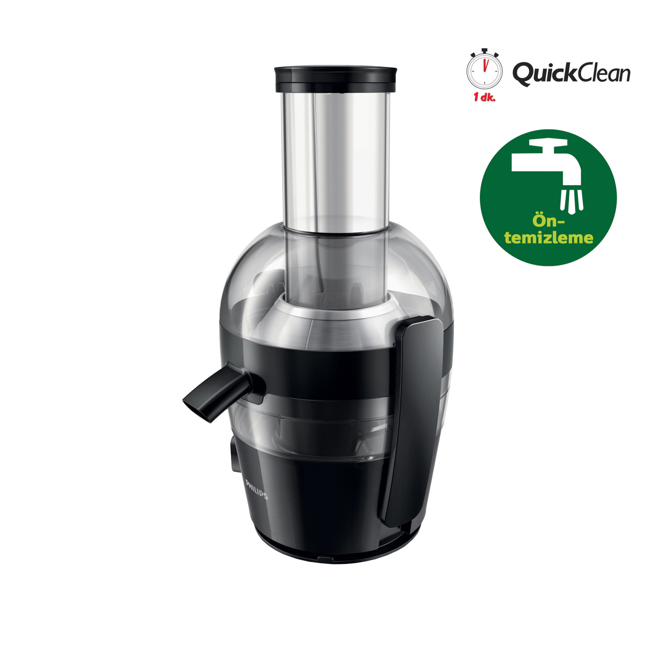 Un spremiagrumi Philips nero con funzione QuickClean e icona rubinetto.