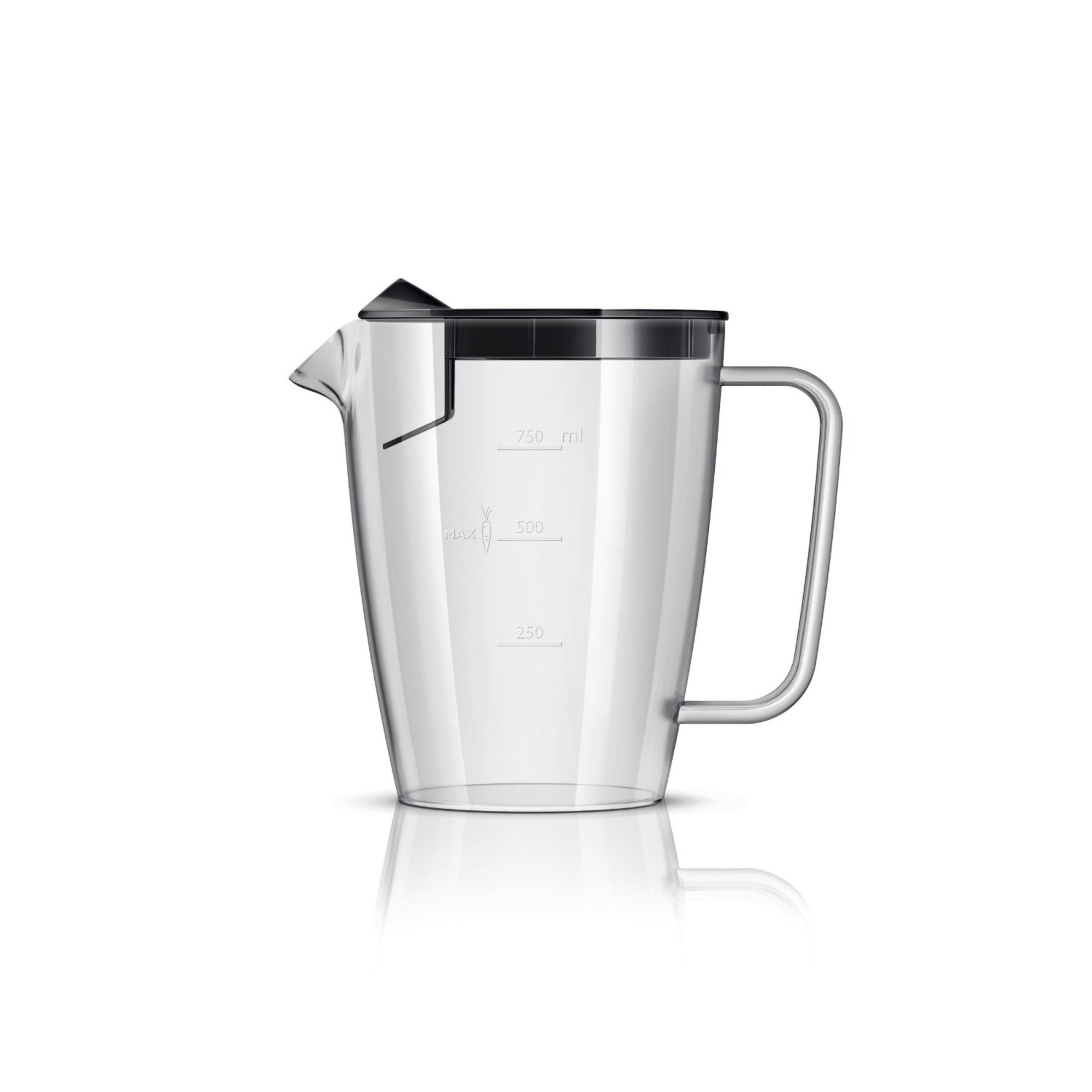 Caraffa graduata trasparente con coperchio nero e manico argentato. Segni fino a 750 ml.