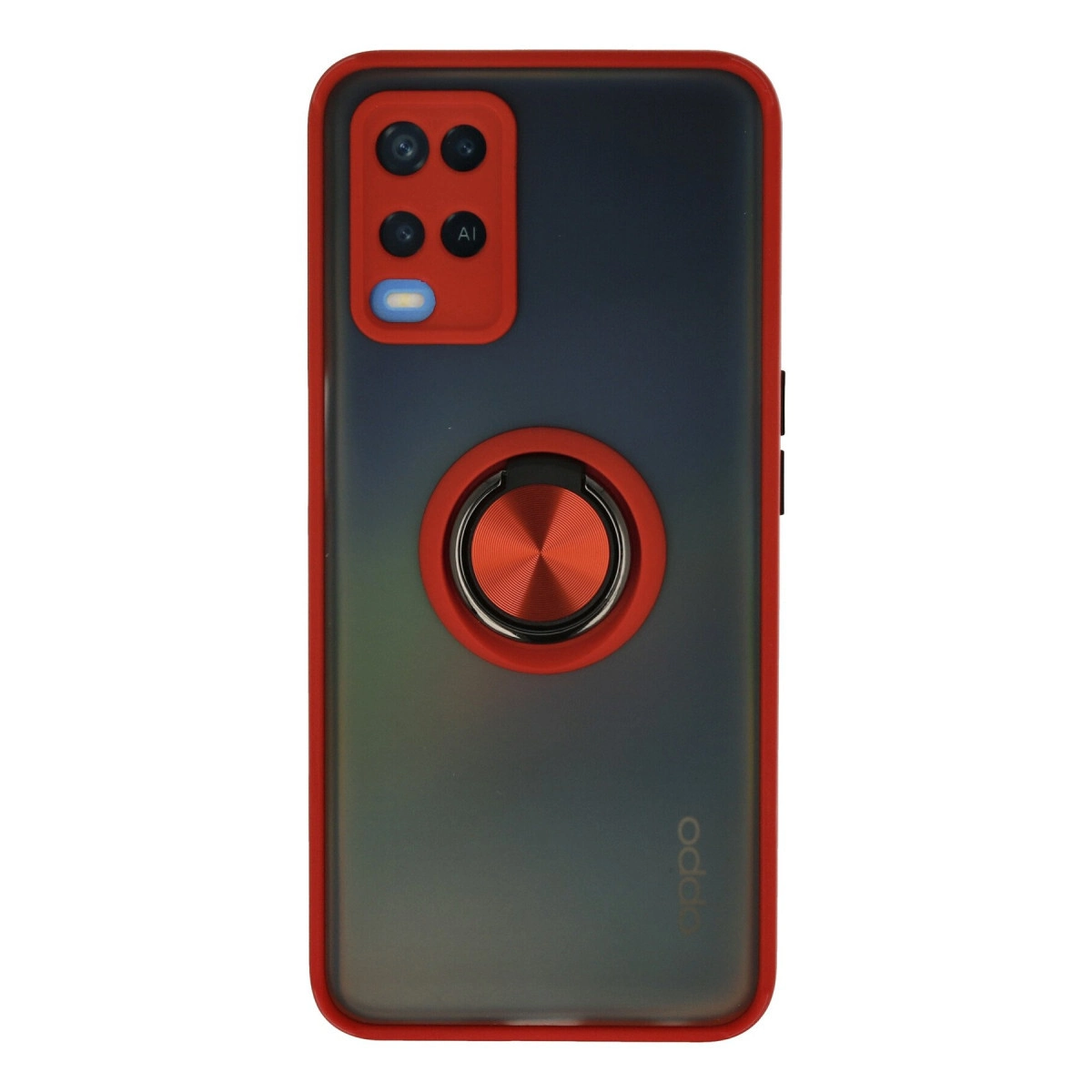 Siyah arka planlı kırmızı telefon kılıfı, halka tutucu ve kamera lensleri.