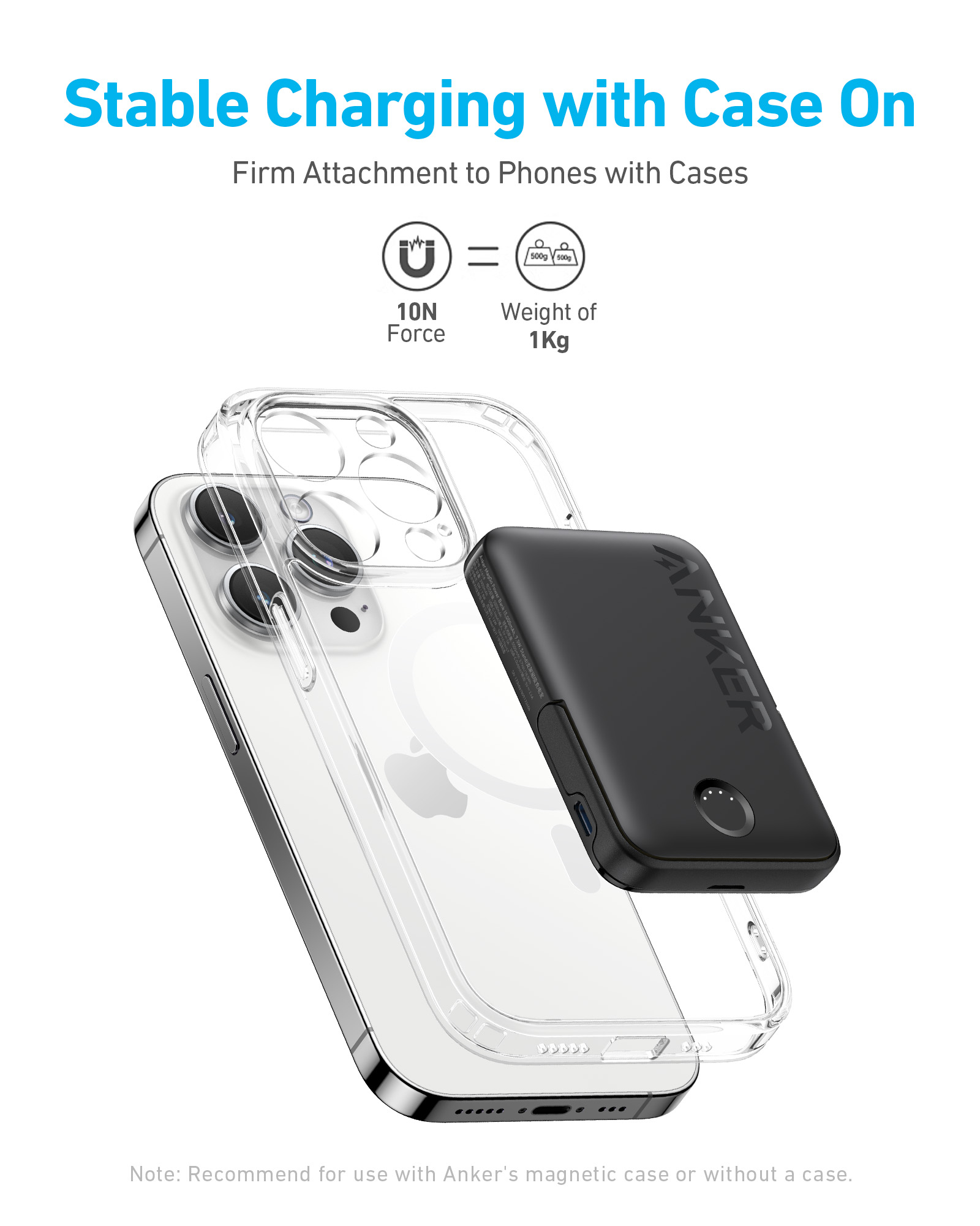 Power bank Anker MagGo nera si attacca all'iPhone con cover. 10N forza.
