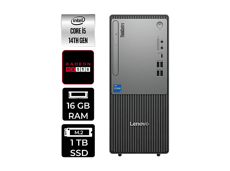 LENOVO ThinkCentre Neo 50T RX550 4GB 12UAS1CF00P362 PER4 Bellek Intel Core i5-14400 16 GB RAM 1 TB SSD FreeDOS Masaüstü Bilgisayar