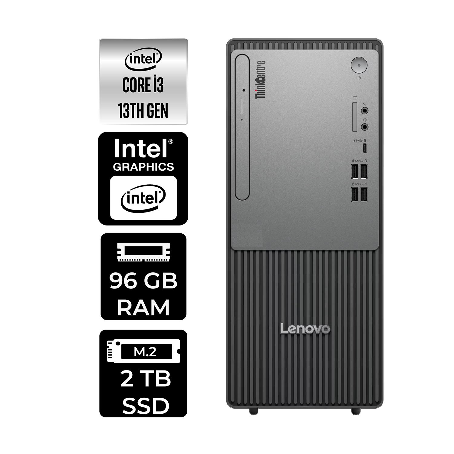 Intel Core i3, 96GB RAM, 2TB SSD, Intel Grafikli Lenovo ThinkCentre PC.