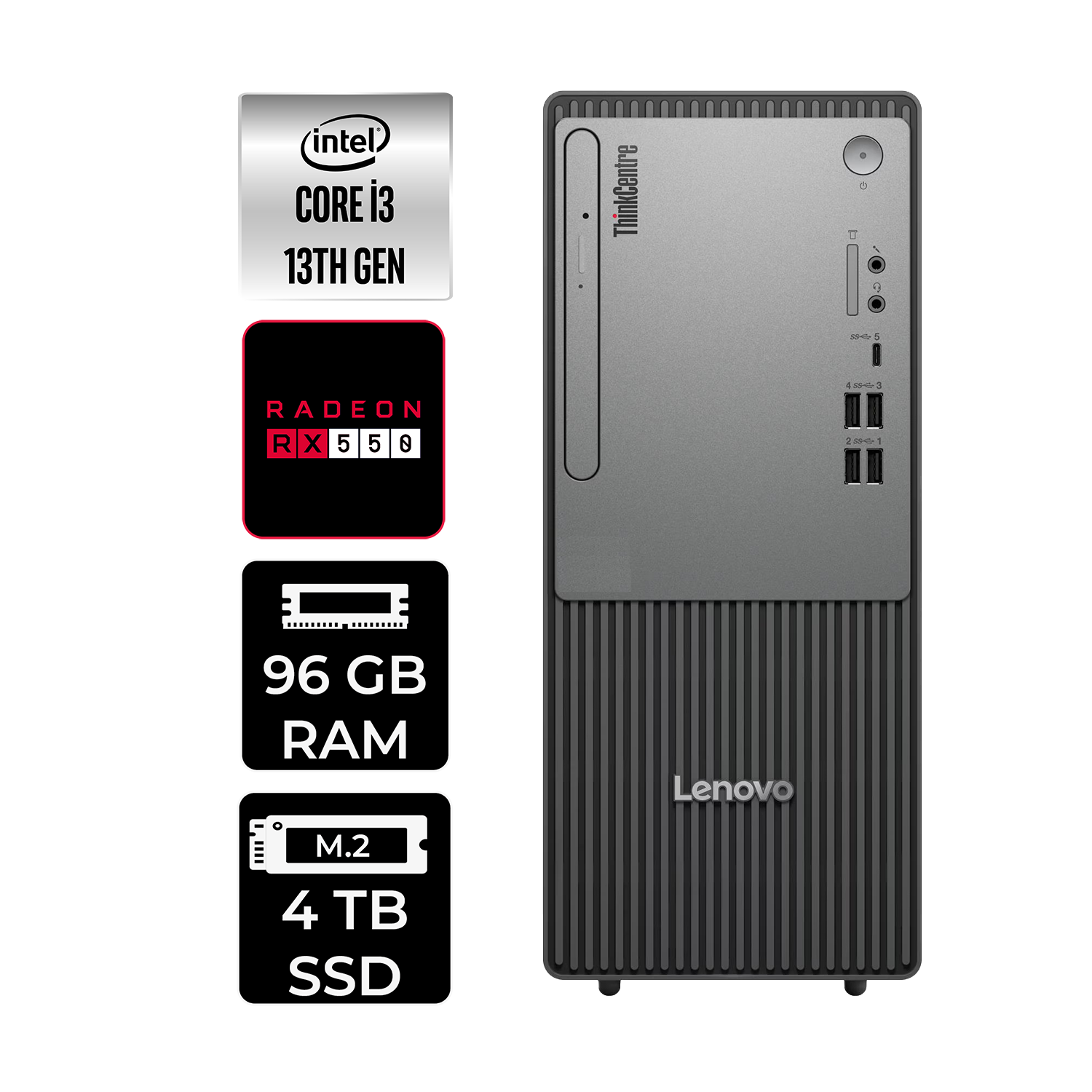 LENOVO ThinkCentre Neo 50T RX550 4GB 12UB0009TRP380 PER4 Bellek Intel Core i3-13100 96 GB RAM 4 TB SSD FreeDOS Masaüstü Bilgisayar