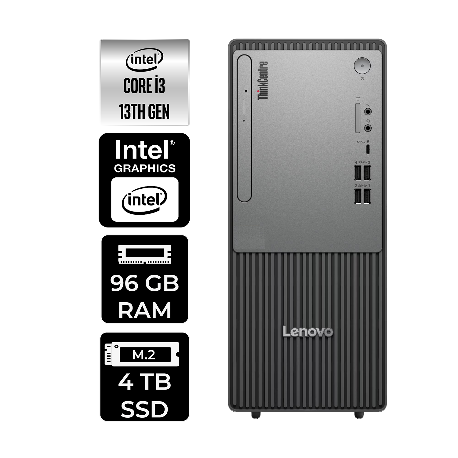 Intel Core i3, 96 GB RAM ve 4 TB SSD'ye sahip Lenovo ThinkCentre PC.