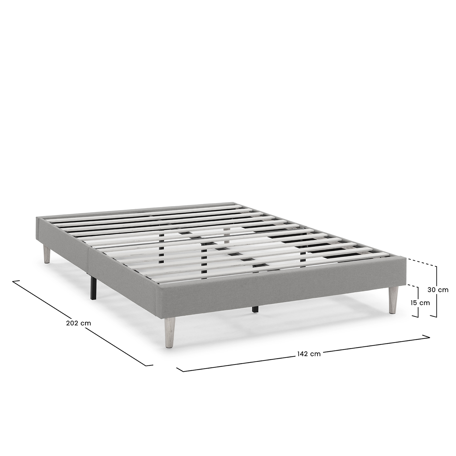 Estructura de cama gris de tela con patas de madera, dimensiones: 202cm largo, 142cm ancho, 30cm alto.