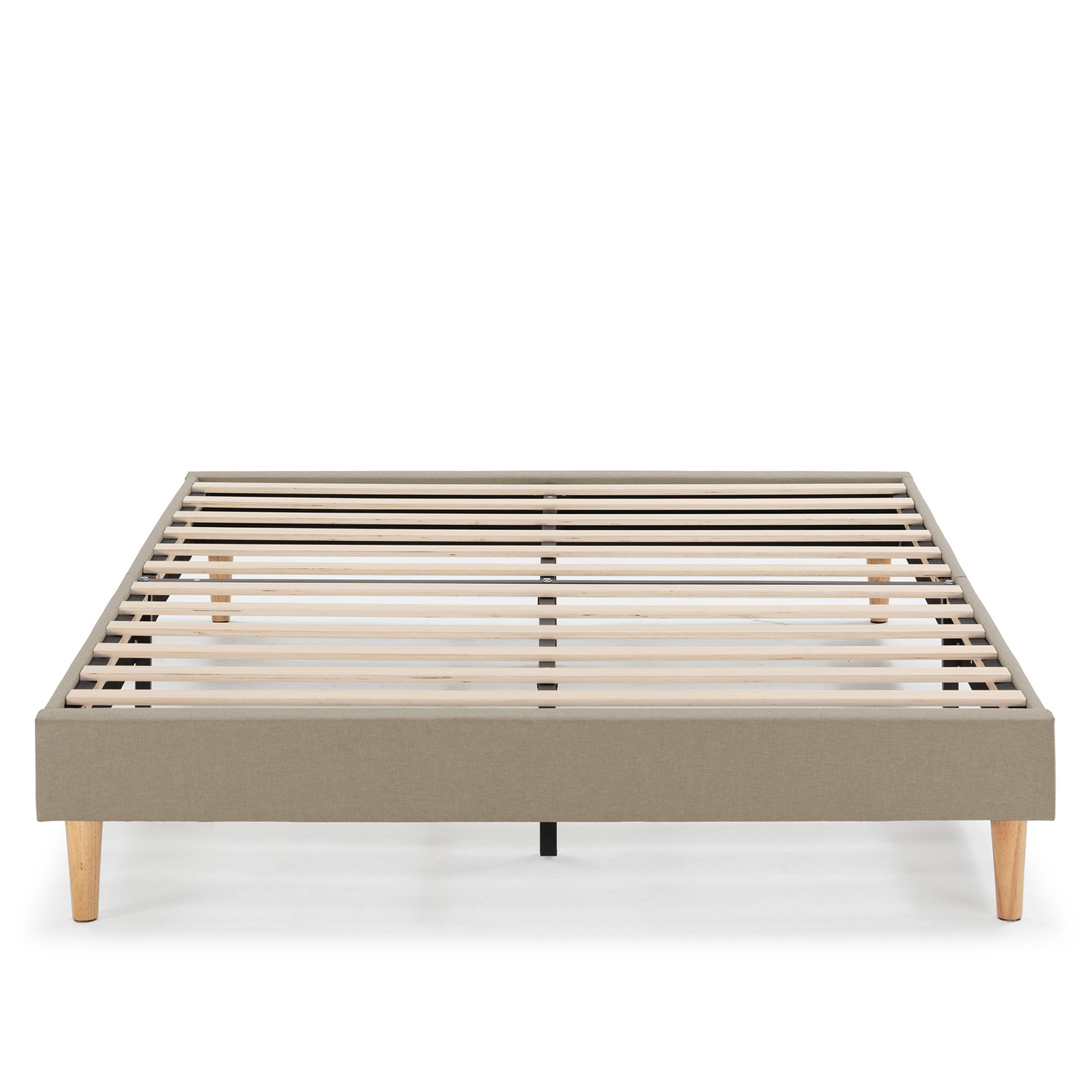Un somier de tela con listones de madera y cuatro patas.