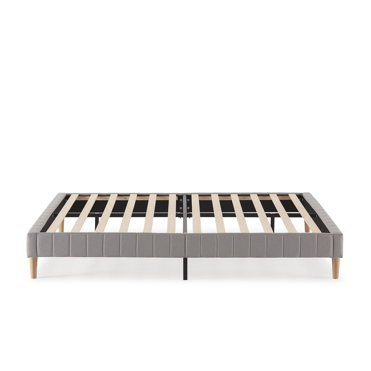 Estructura de cama tapizada gris con listones de madera y cuatro patas.