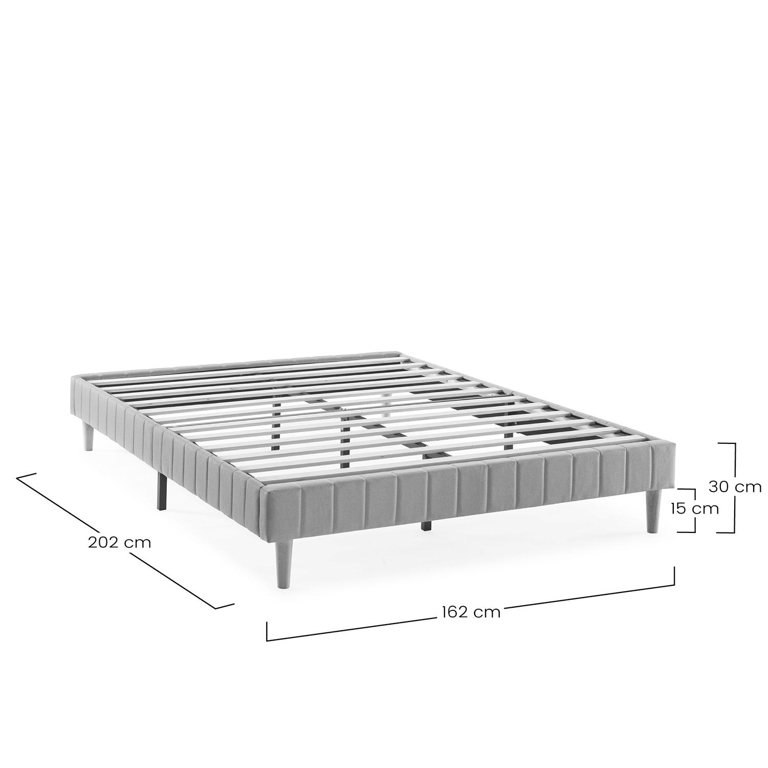 Estructura de cama gris con somier, dimensiones 202x162x30cm.