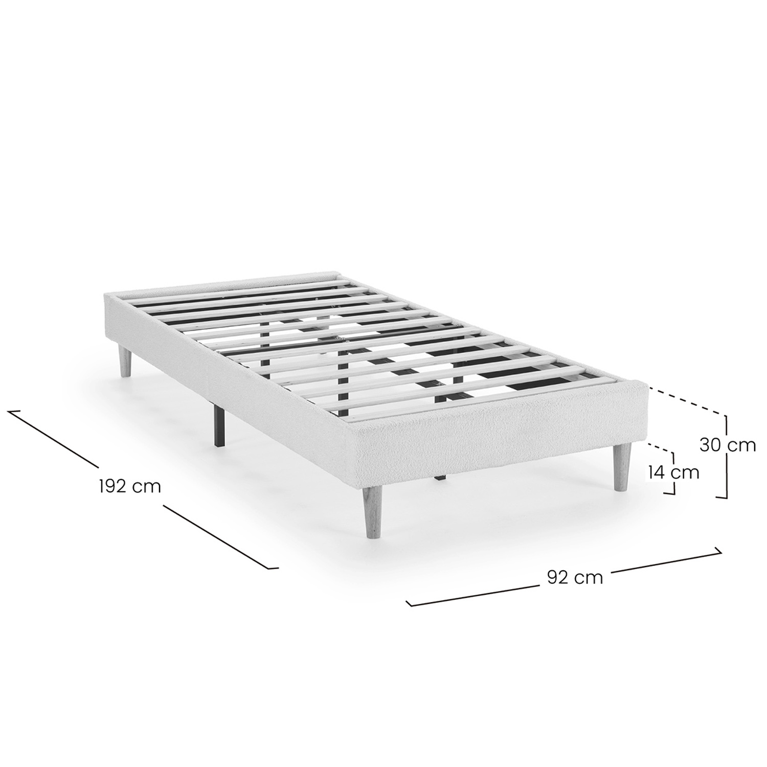 Estructura de cama gris claro con patas de madera y listones, medidas indicadas.