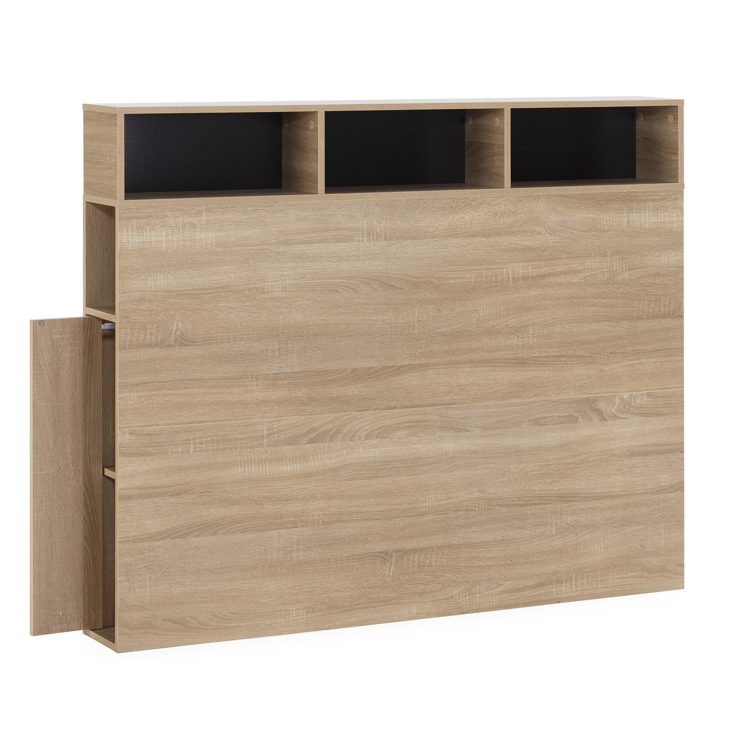 Un cabecero de madera marrón claro con estantes abiertos arriba y al lado.