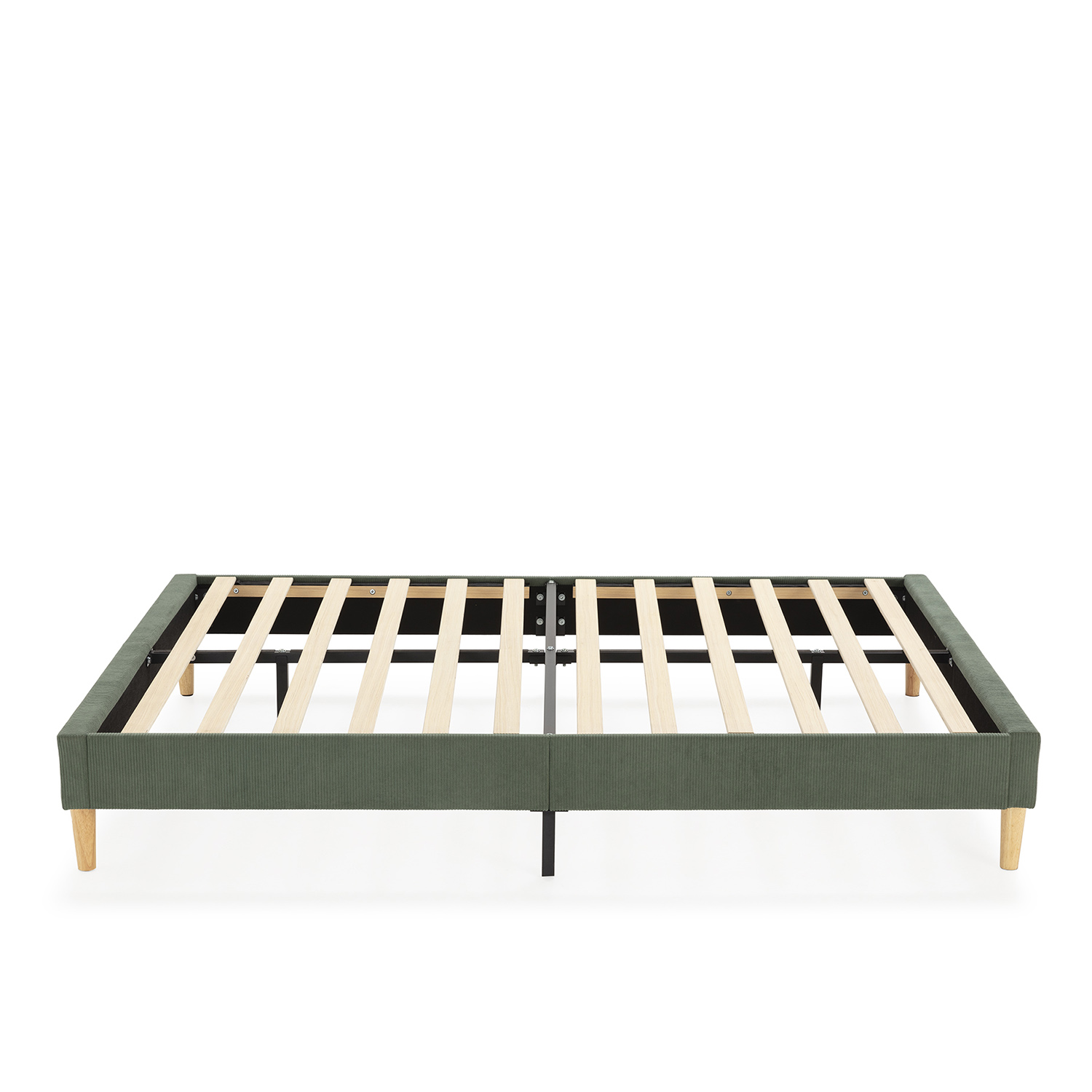 Un somier verde sin colchón, con listones y patas de madera.