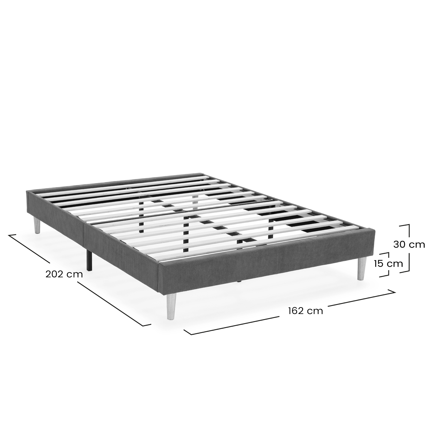 Un somier tapizado gris con listones de madera y cuatro patas cónicas. Dimensiones mostradas.