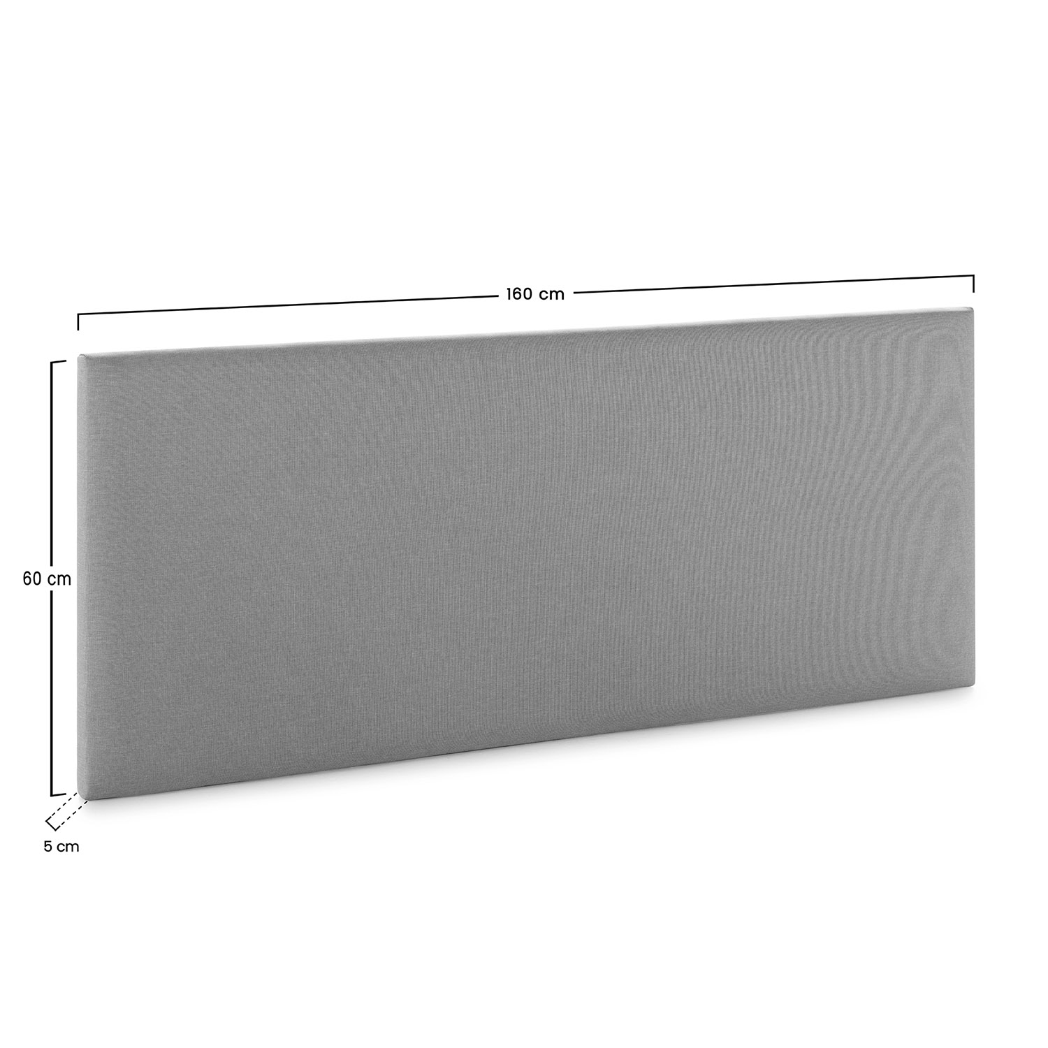 Respaldo de tela gris, 160 cm de ancho, 60 cm de alto, 5 cm de profundidad.