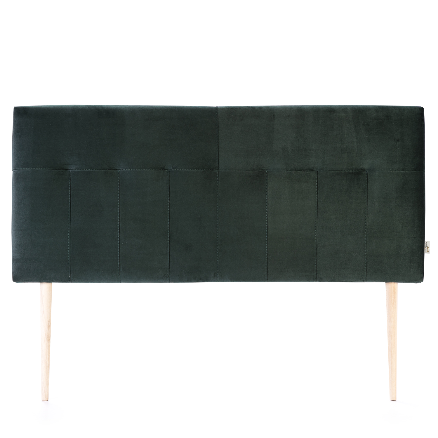 Cabecero verde oscuro con costuras verticales y dos patas de madera.