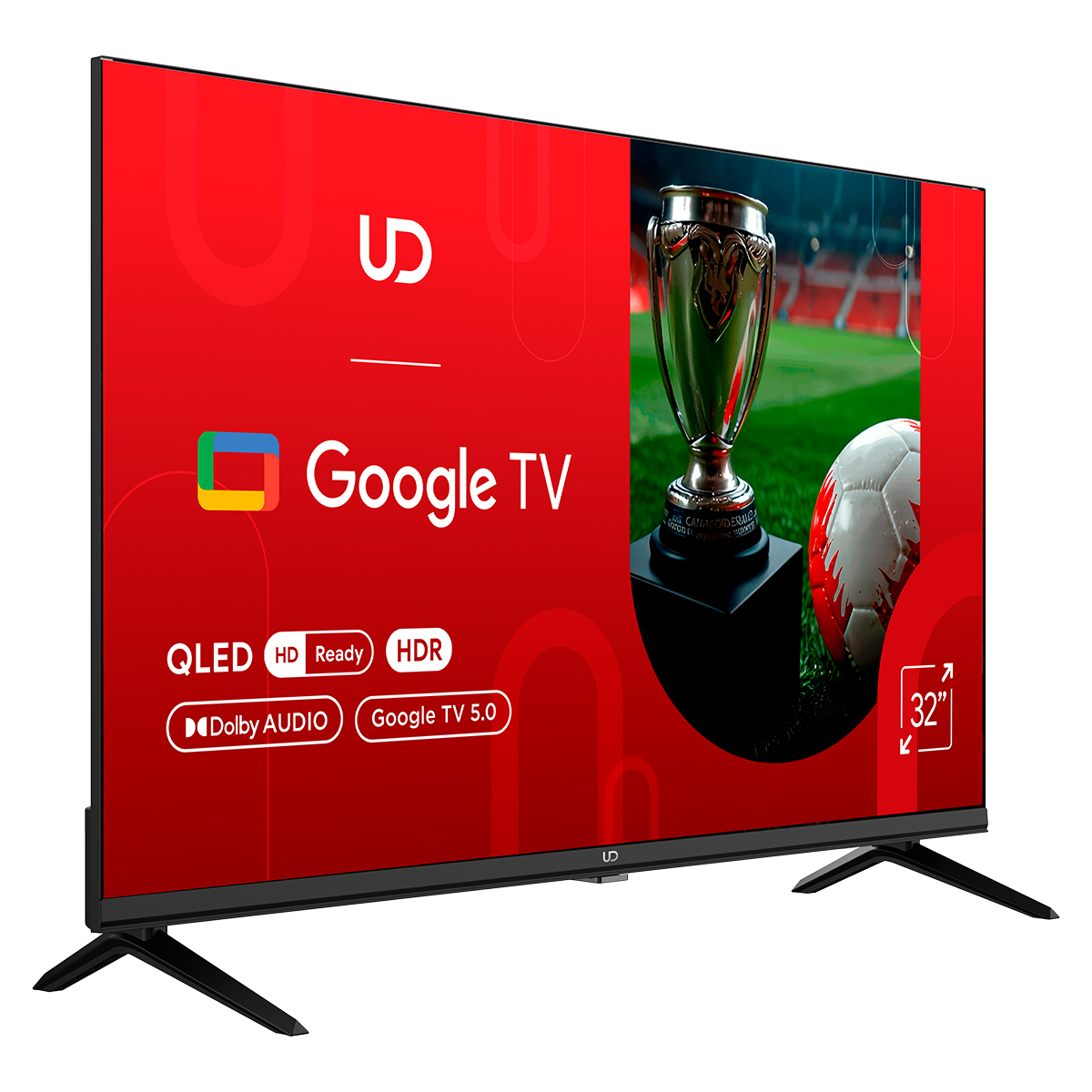 Un Google TV QLED de 32 pulgadas muestra trofeo y balón de fútbol.