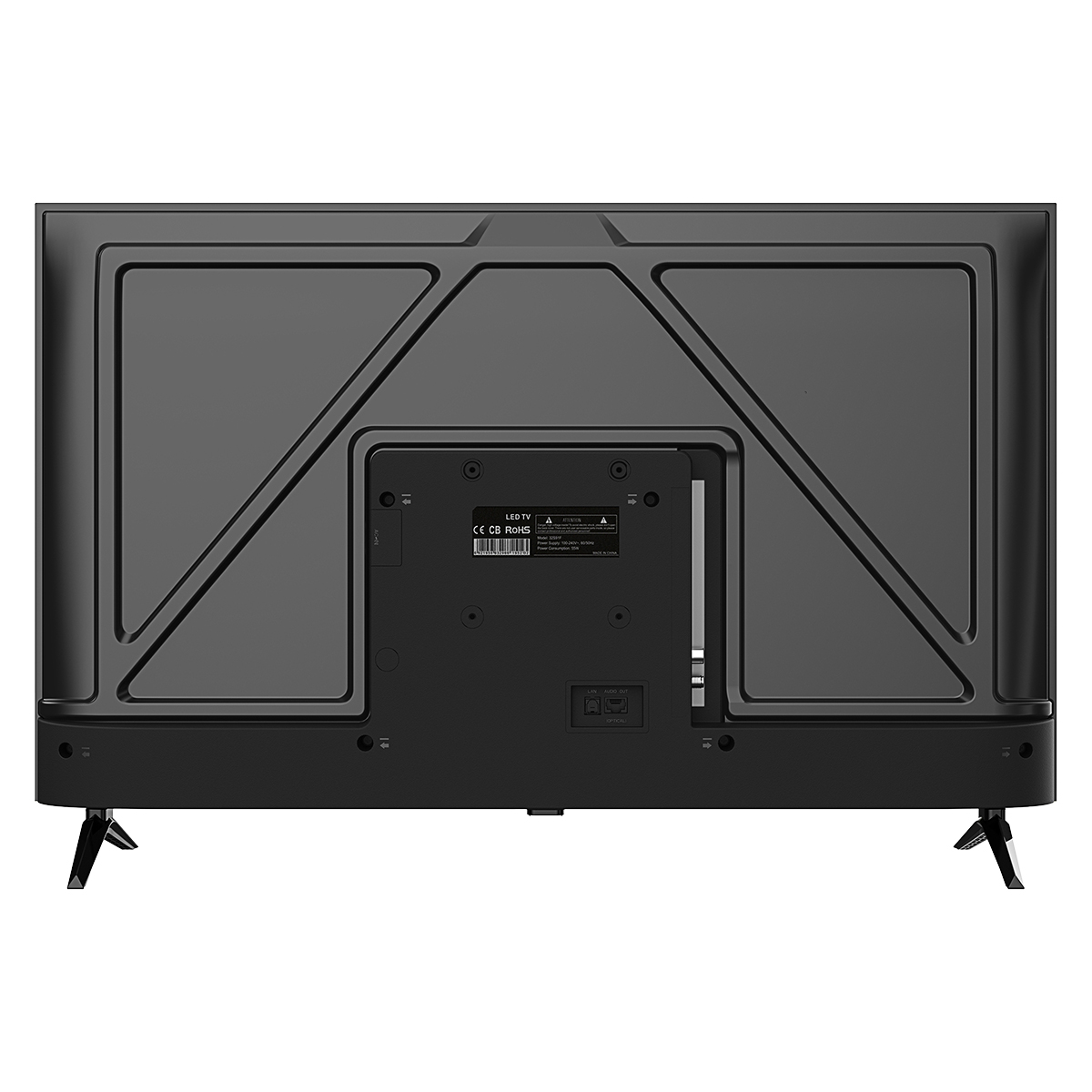 Parte trasera de un televisor LED negro con dos pies. Etiqueta muestra CE, CB, RoHS.
