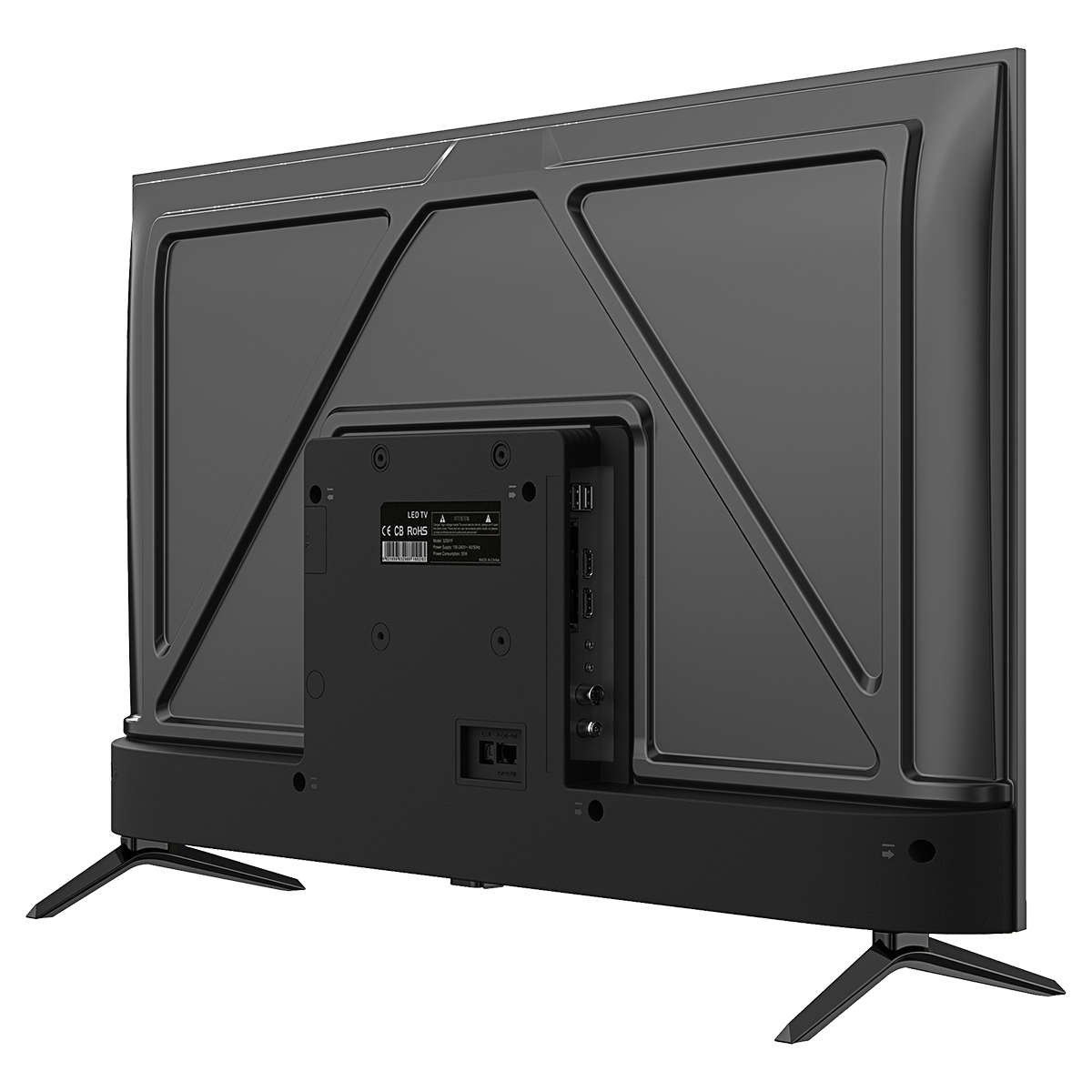 Vista trasera de un televisor LED negro con puertos y patas.