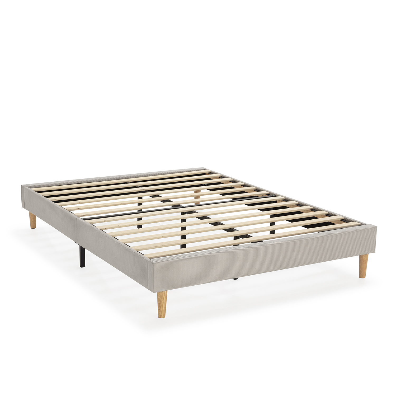 Un somier gris claro con listones de madera y cuatro patas.