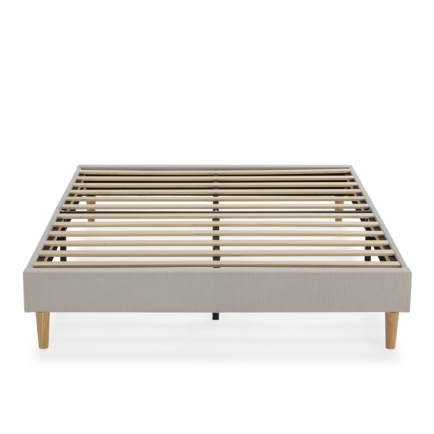 Un somier gris de tela con listones de madera y cuatro patas de madera.