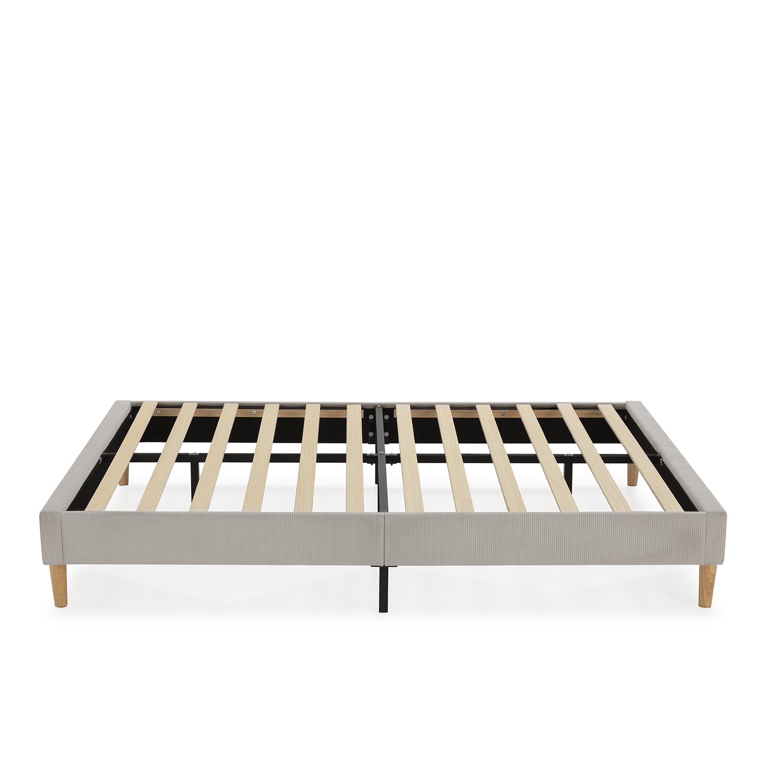 Un somier gris con listones de madera y cuatro patas.
