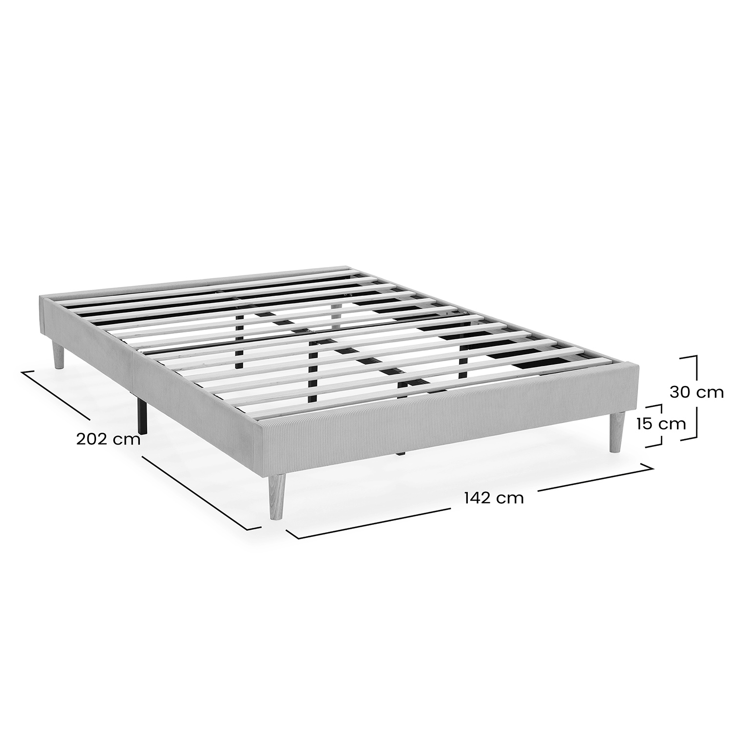 Estructura de cama gris con base de listones, 202x142x30 cm.