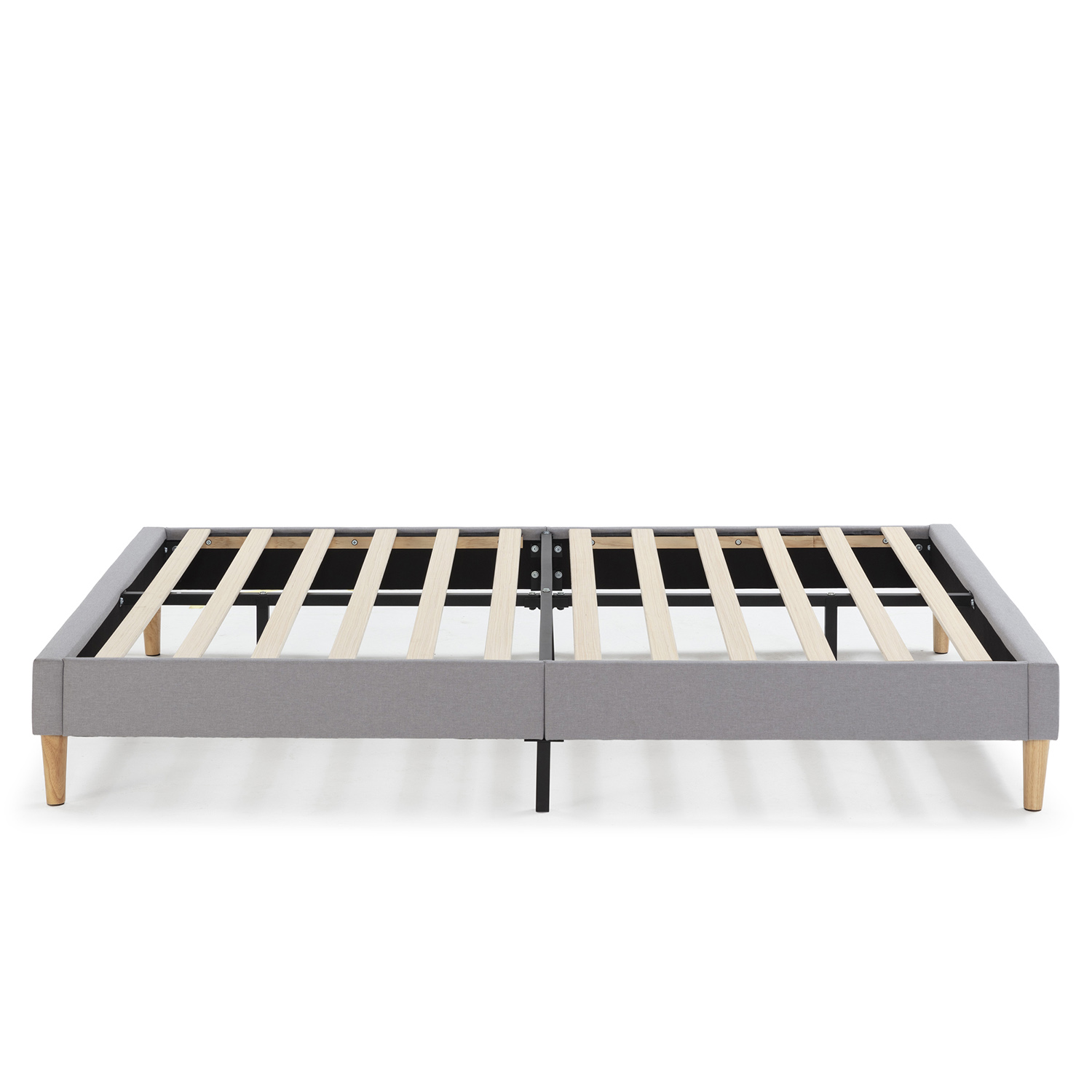 Estructura de cama gris con listones de madera y cuatro patas de madera.