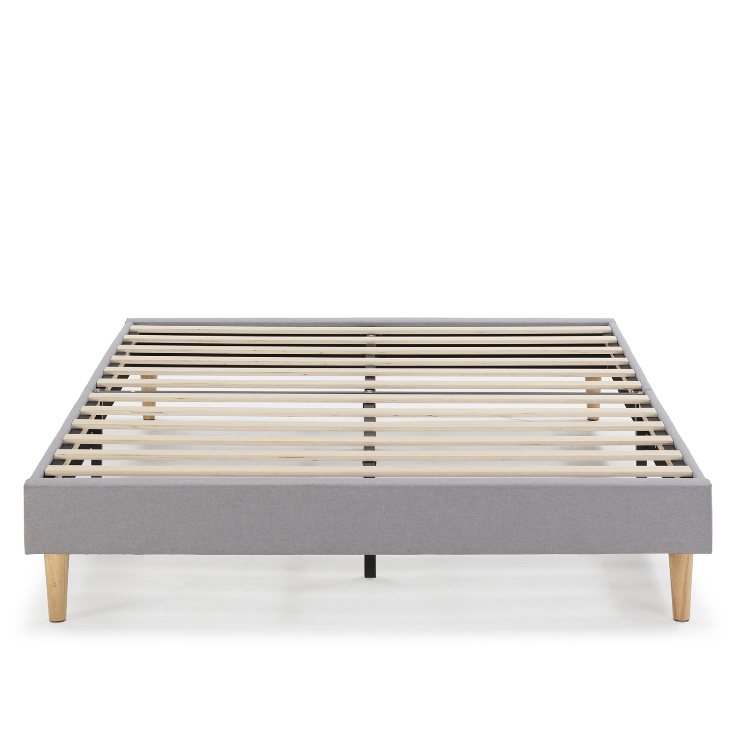 Estructura de cama gris con listones de madera y cuatro patas de madera.