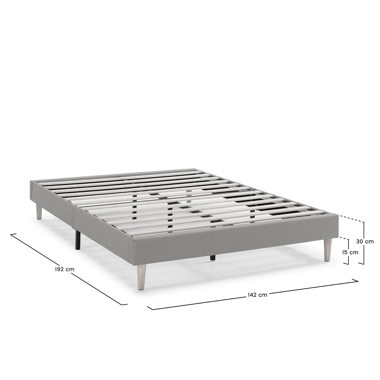 Estructura de cama gris con patas de madera, medidas 192x142x30 cm.