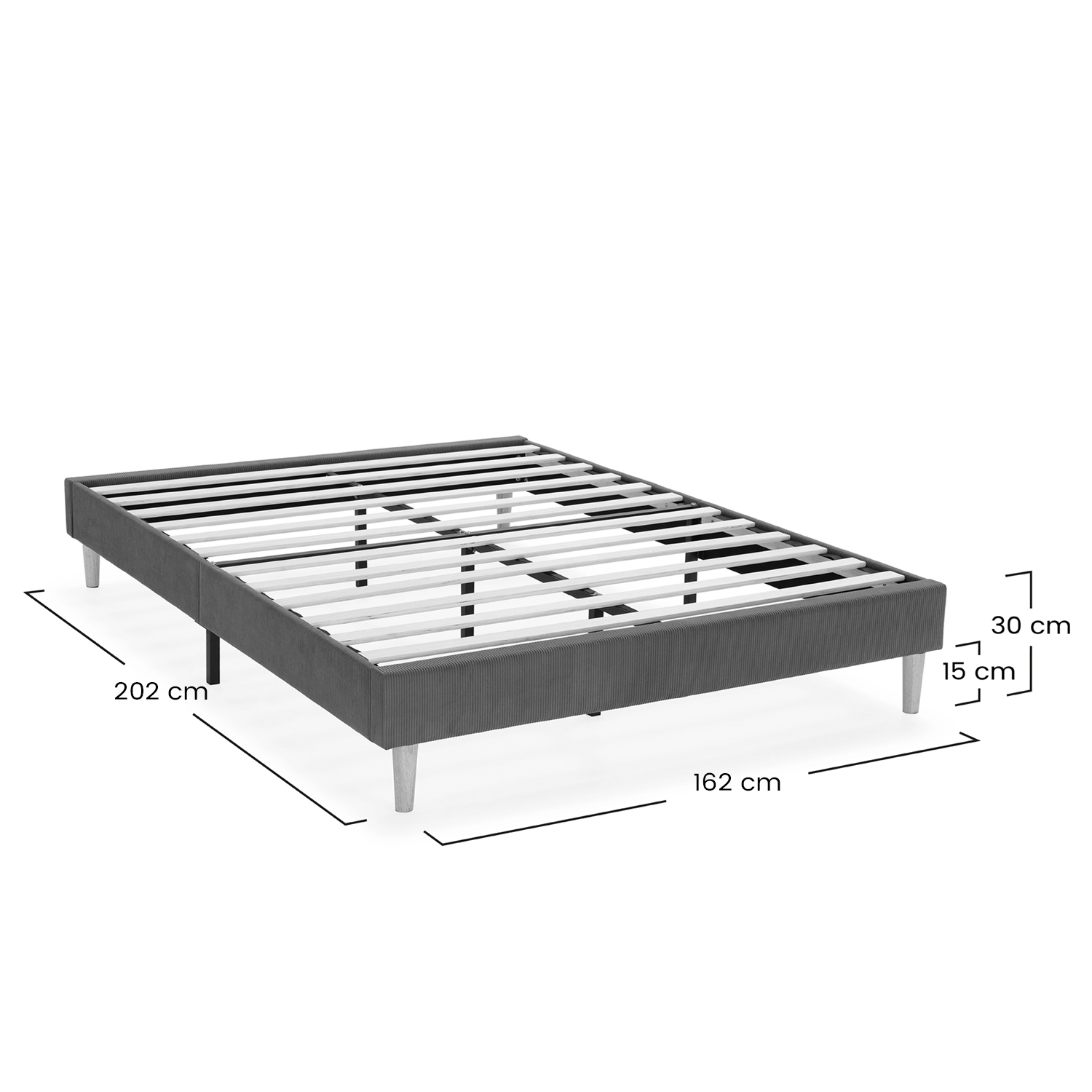 Estructura de cama tapizada gris con listones y patas de madera. Dimensiones mostradas.