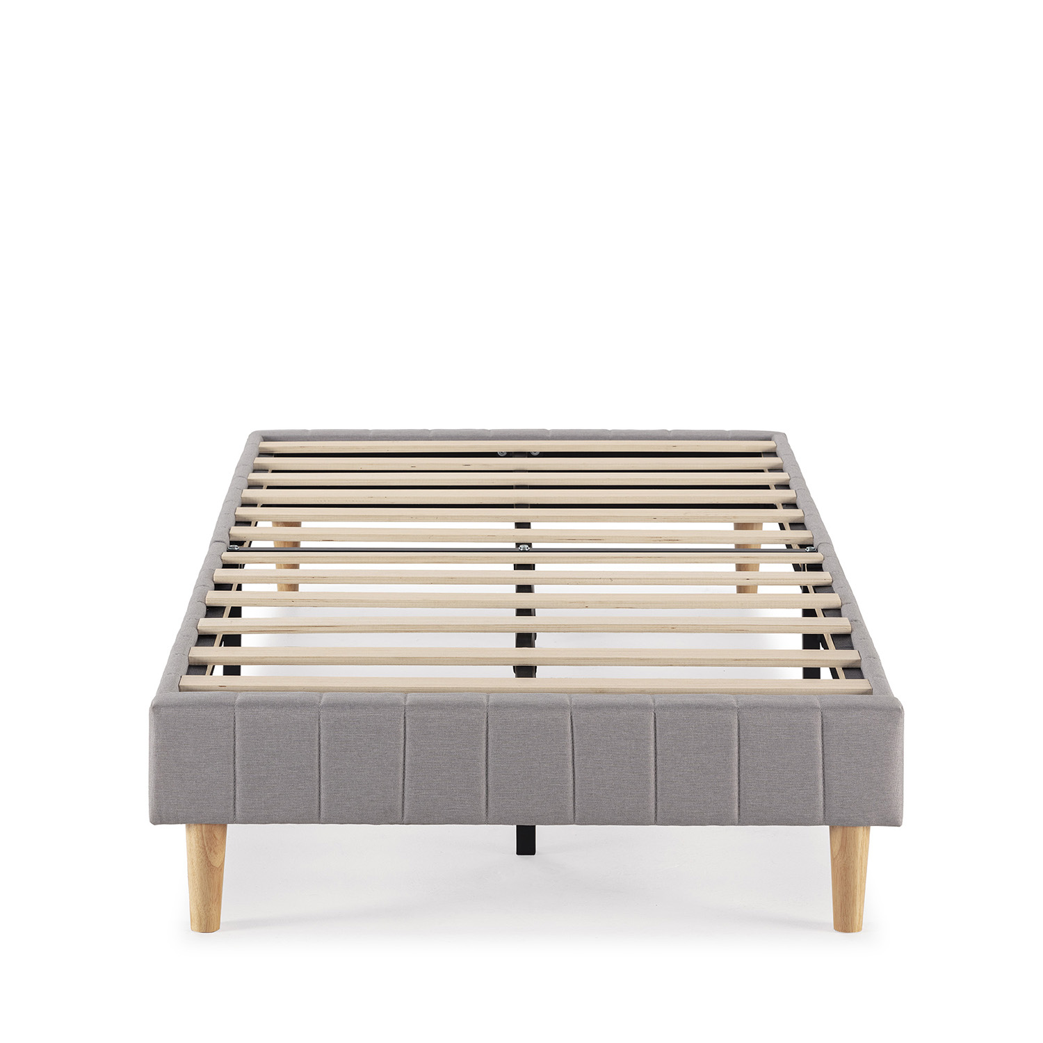 Un somier gris con listones de madera y cuatro patas.